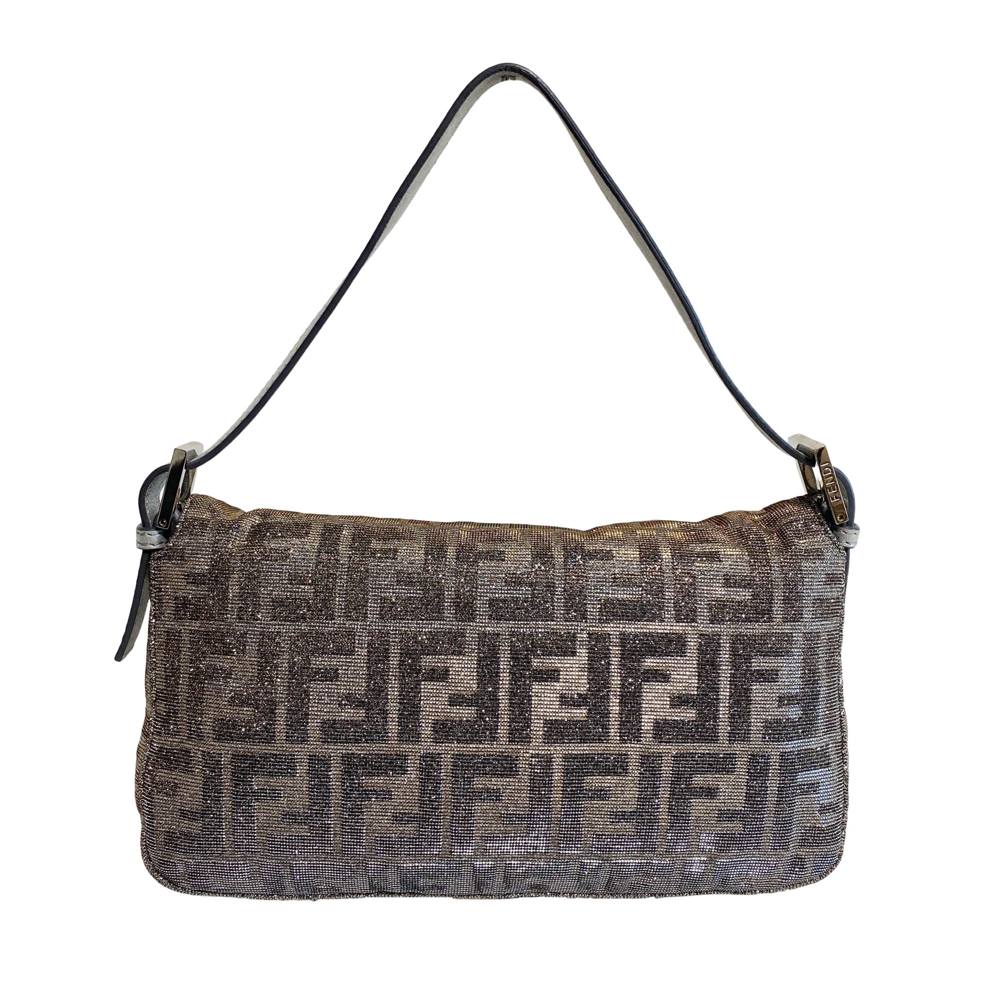 FENDI Baguette Silver x Gold Sparkly Zucca Canvas With Rhinestone Hardware 8BR600, in , Sold by HIVE PRELOVED - Shoulder Bags