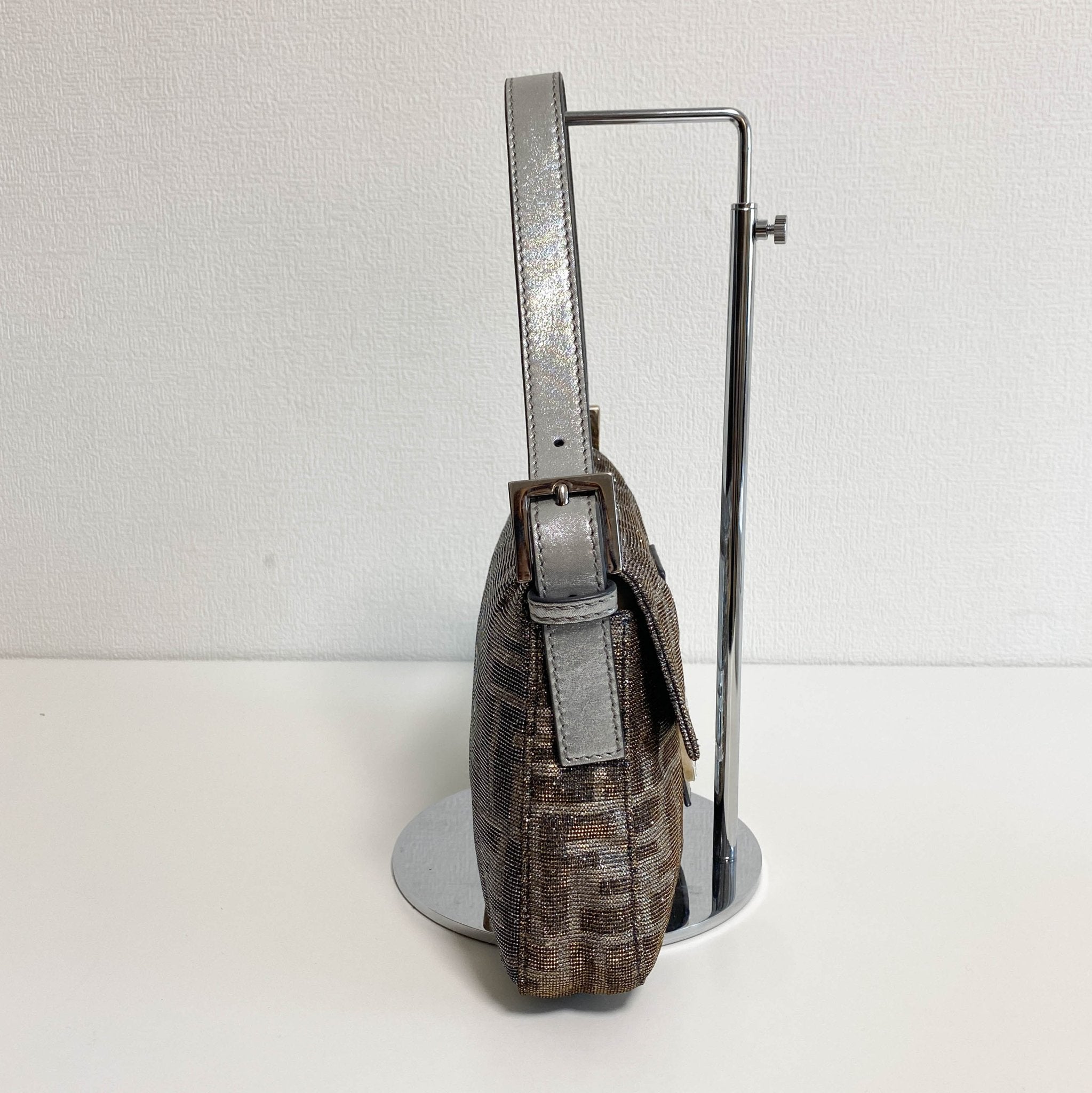 FENDI Baguette Silver x Gold Sparkly Zucca Canvas With Rhinestone Hardware 8BR600, in , Sold by HIVE PRELOVED - Shoulder Bags