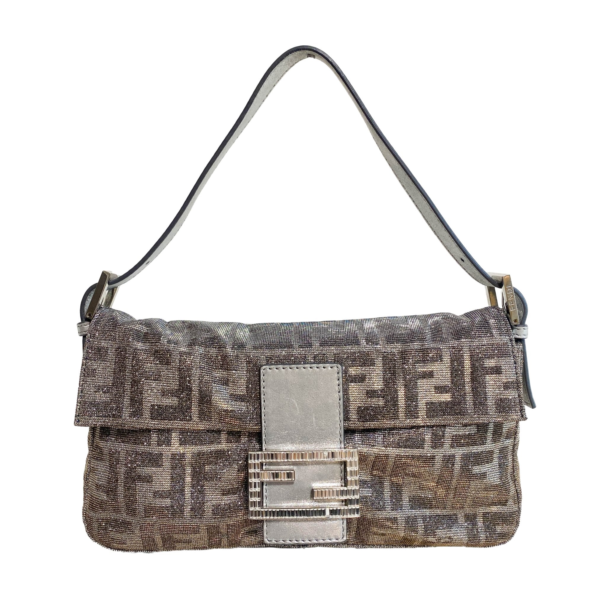 FENDI Baguette Silver x Gold Sparkly Zucca Canvas With Rhinestone Hardware 8BR600, in , Sold by HIVE PRELOVED - Shoulder Bags