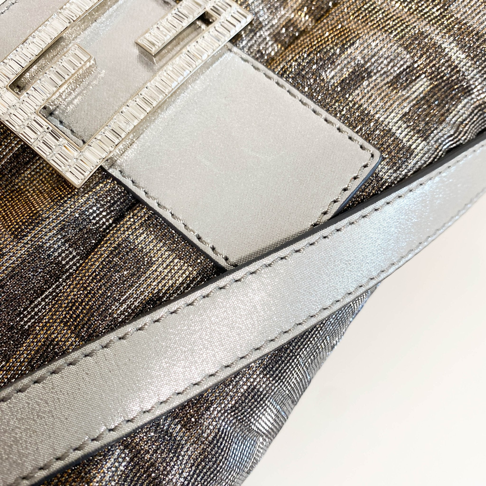 FENDI Baguette Silver x Gold Sparkly Zucca Canvas With Rhinestone Hardware 8BR600, in , Sold by HIVE PRELOVED - Shoulder Bags