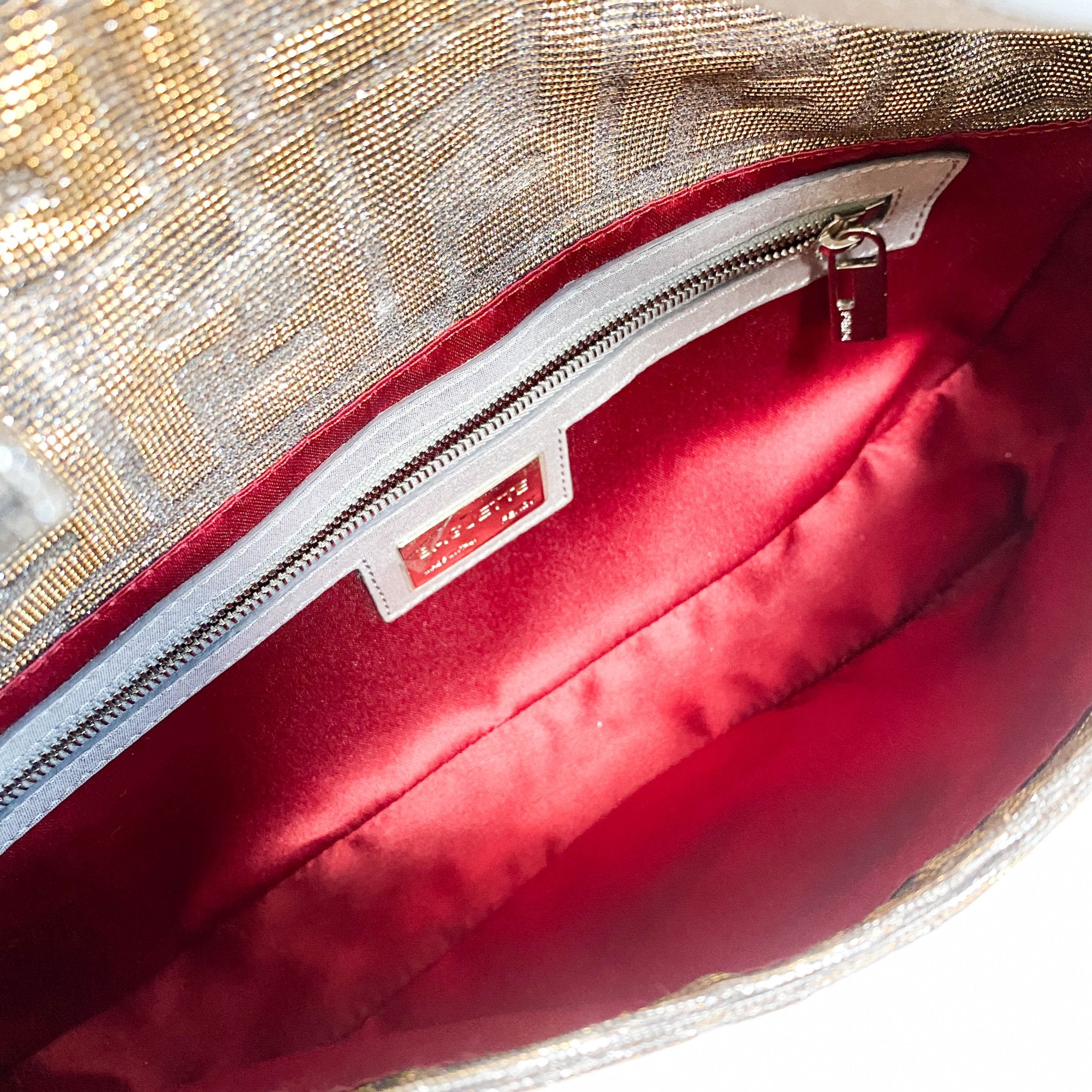 FENDI Baguette Silver x Gold Sparkly Zucca Canvas With Rhinestone Hardware 8BR600, in , Sold by HIVE PRELOVED - Shoulder Bags