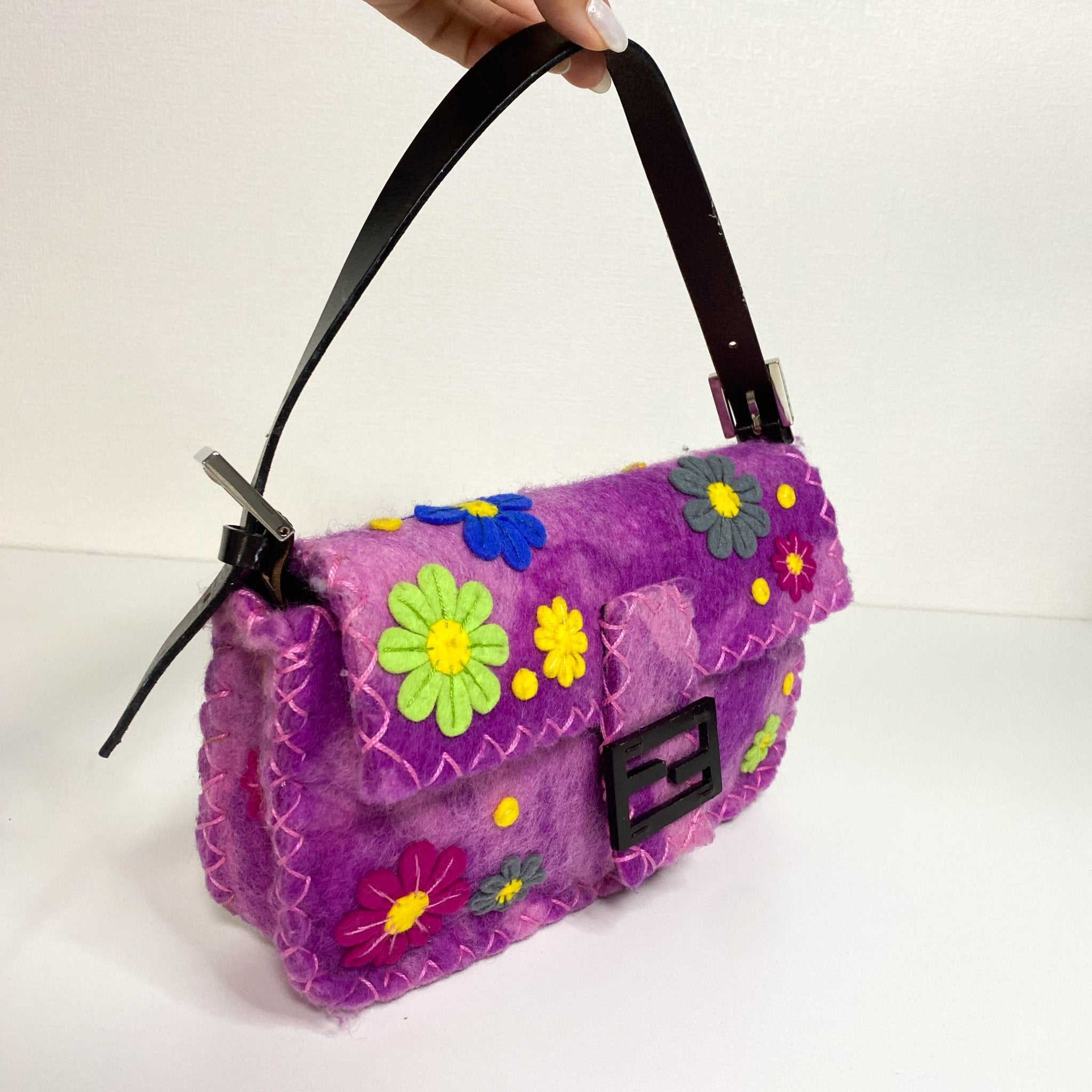 FENDI Baguette Wool Purple Floral Felt Applique Shouder Bag, in , Sold by HIVE PRELOVED - Shoulder Bags, ,