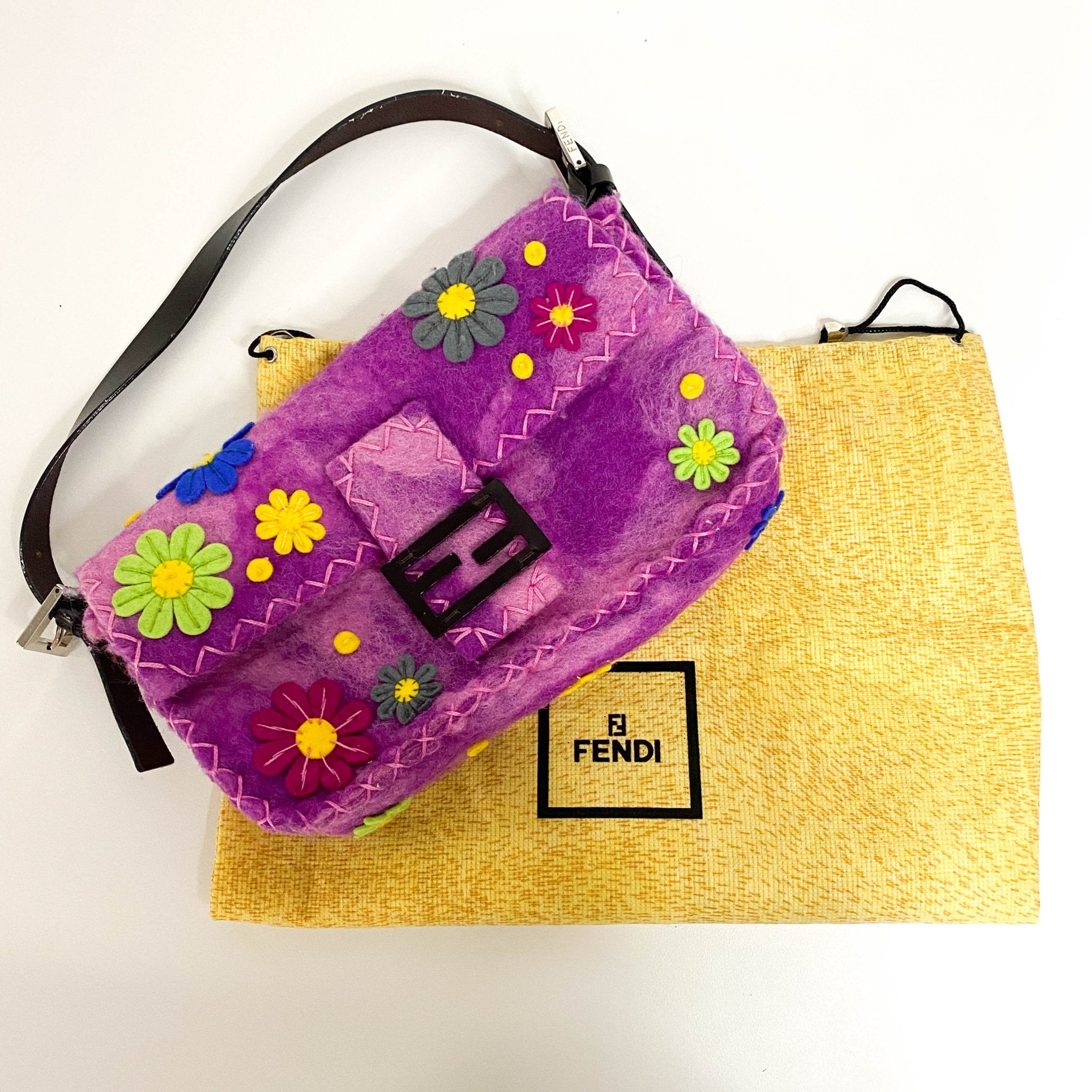 FENDI Baguette Wool Purple Floral Felt Applique Shouder Bag, in , Sold by HIVE PRELOVED - Shoulder Bags, ,
