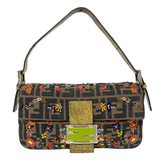 FENDI Baguette Zucca Floral Beads Embroidered / Lime Green Hardware, in , Sold by HIVE PRELOVED - Shoulder Bags, ,