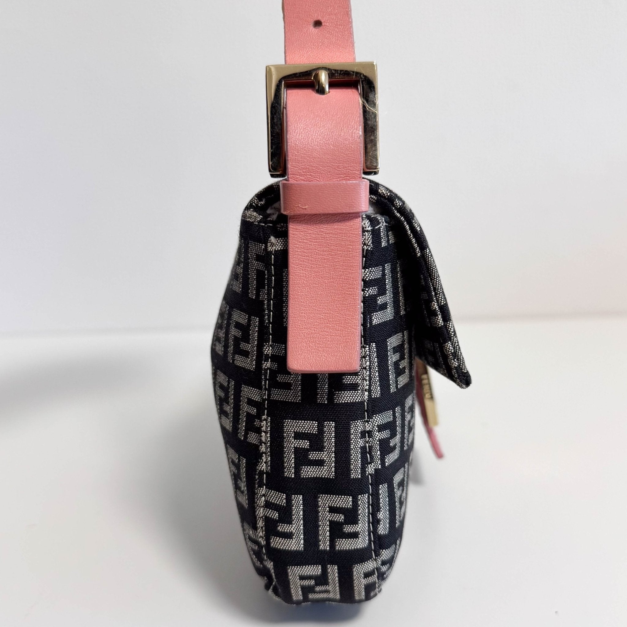 FENDI Baguette Zucchino Black Canvas Pink Leather Shoulder Bag with Gold Hardware, in , Sold by HIVE PRELOVED - Shoulder Bags
