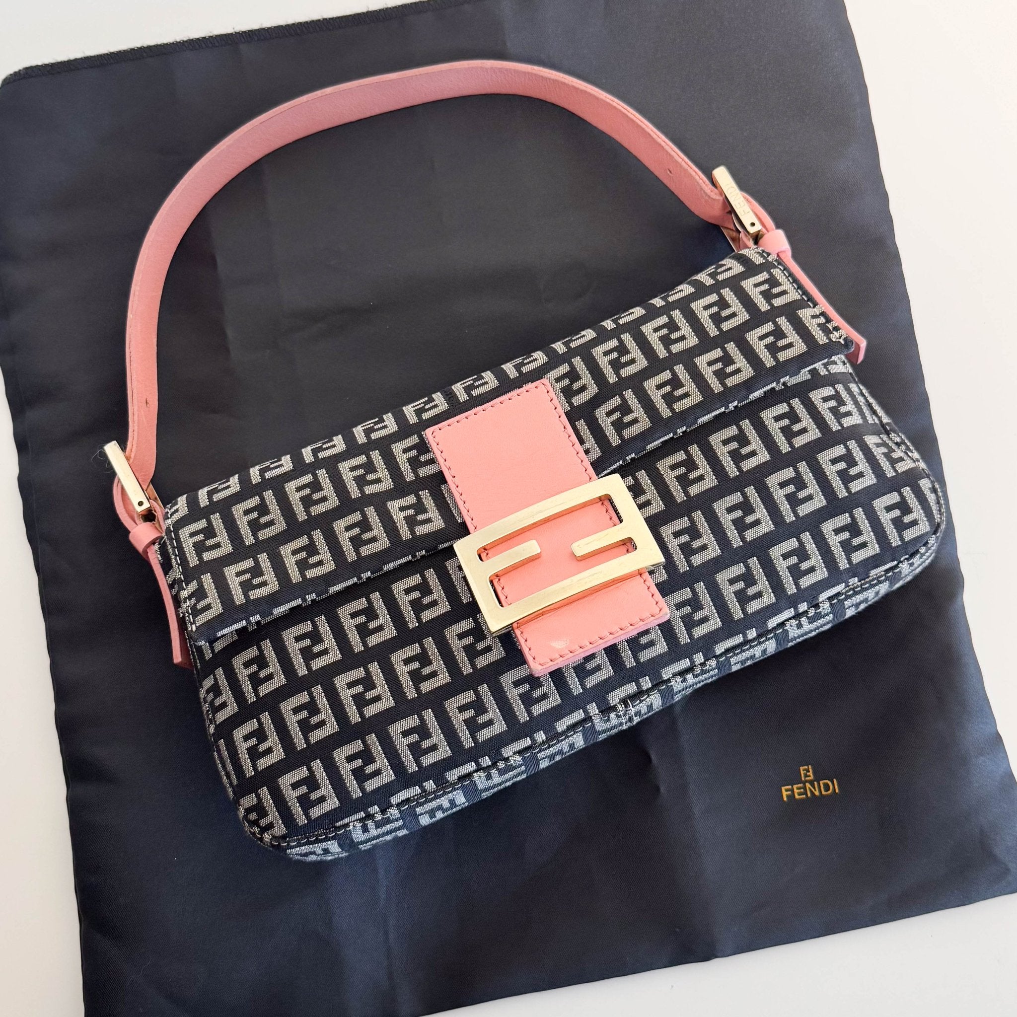 FENDI Baguette Zucchino Black Canvas Pink Leather Shoulder Bag with Gold Hardware, in , Sold by HIVE PRELOVED - Shoulder Bags