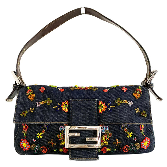FENDI Bead Embroidered Denim Baguette, Denim in Navy, Sold by HIVE PRELOVED - Shoulder Bags, ,