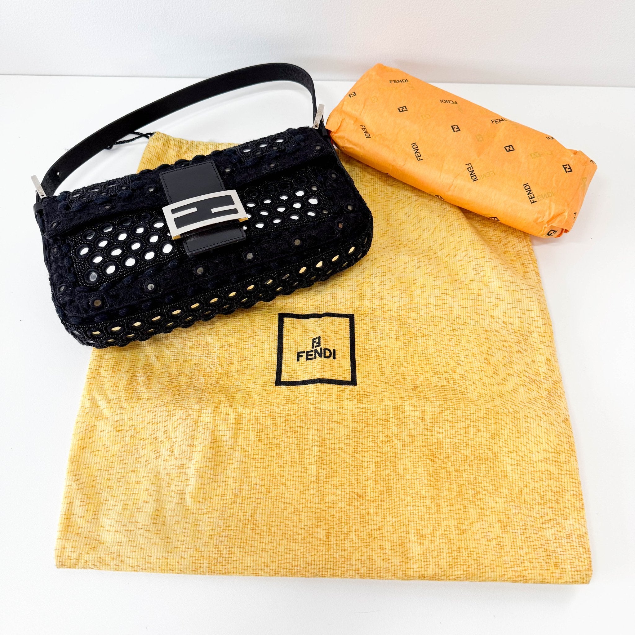 FENDI Black Embroidered Beaded Mirror Baguette Shoulder Bag, in , Sold by HIVE PRELOVED - Shoulder Bags, ,