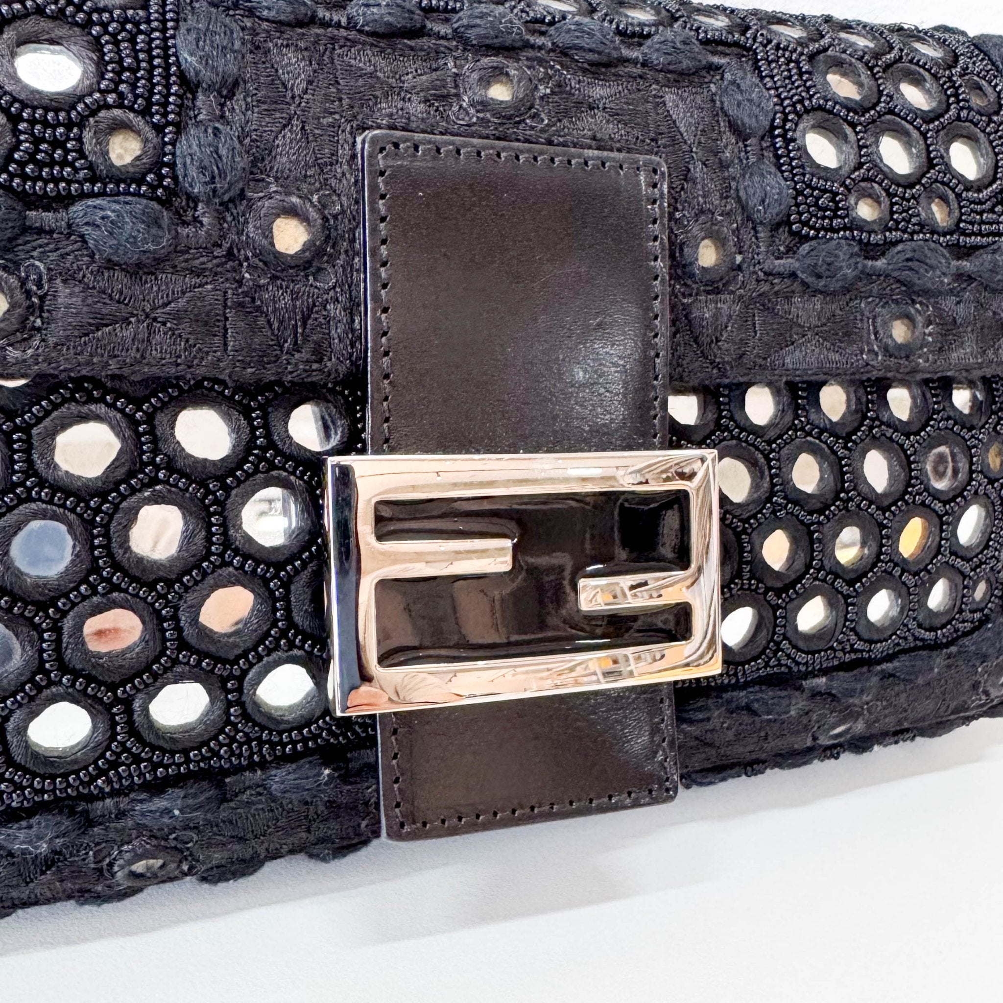 FENDI Black Embroidered Beaded Mirror Baguette Shoulder Bag, in , Sold by HIVE PRELOVED - Shoulder Bags, ,