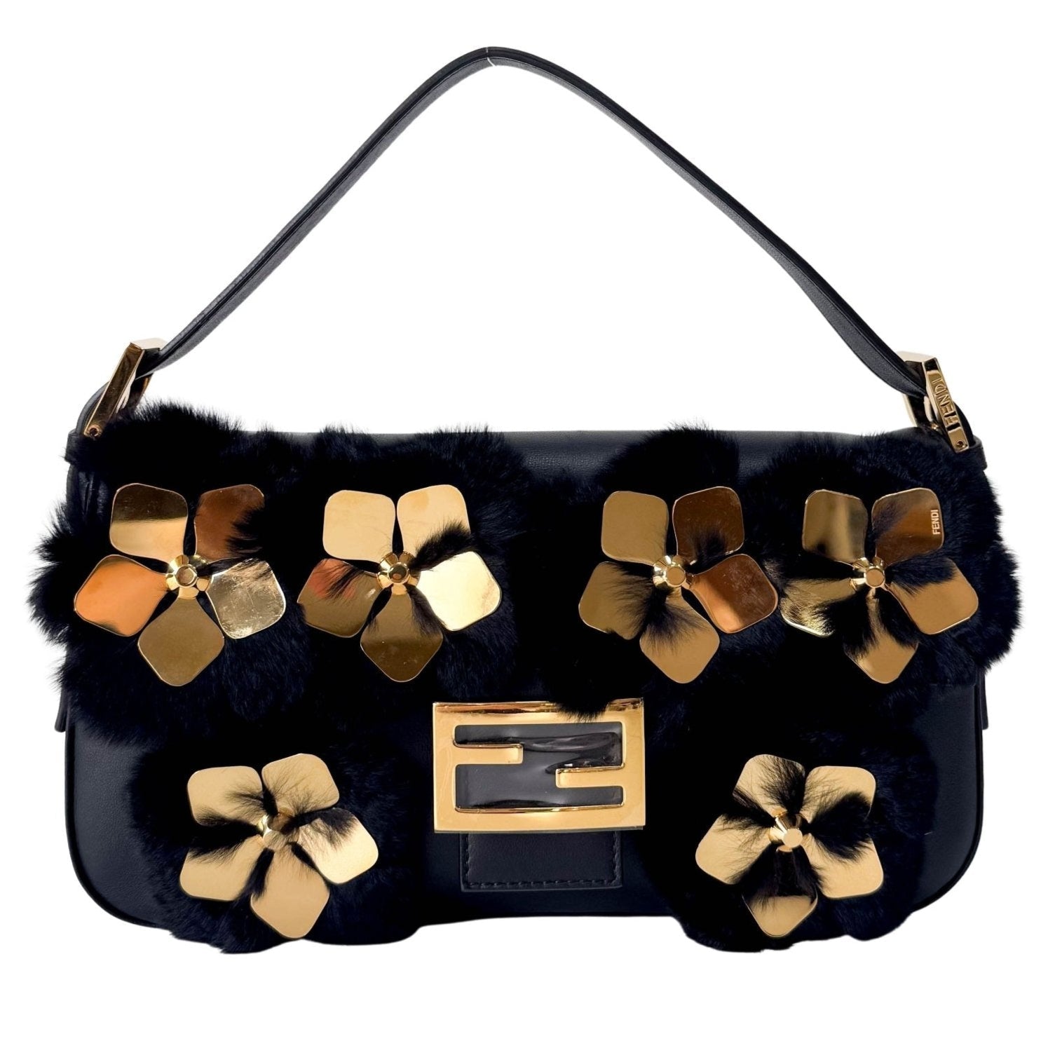 FENDI Black Leather Fur Baguette Bag Adorned With Metal Flower Details, in , Sold by HIVE PRELOVED - Shoulder Bags, ,