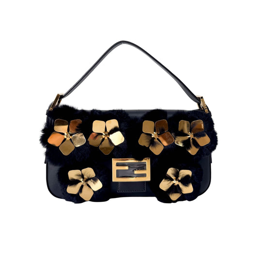 FENDI Black Leather Fur Baguette Bag Adorned With Metal Flower Details, in , Sold by HIVE PRELOVED - Shoulder Bags, ,