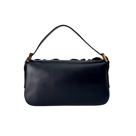 FENDI Black Leather Fur Baguette Bag Adorned With Metal Flower Details, in , Sold by HIVE PRELOVED - Shoulder Bags, ,
