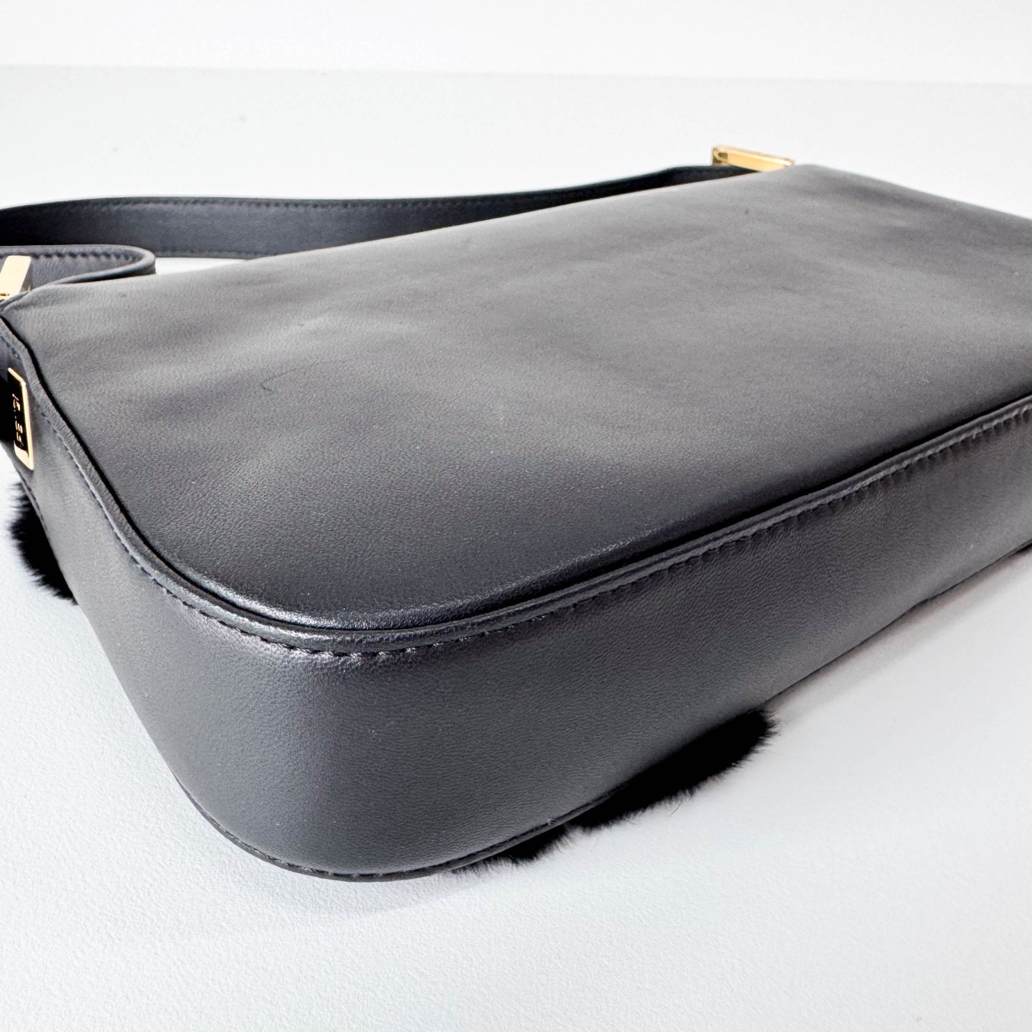 FENDI Black Leather Fur Baguette Bag Adorned With Metal Flower Details, in , Sold by HIVE PRELOVED - Shoulder Bags, ,