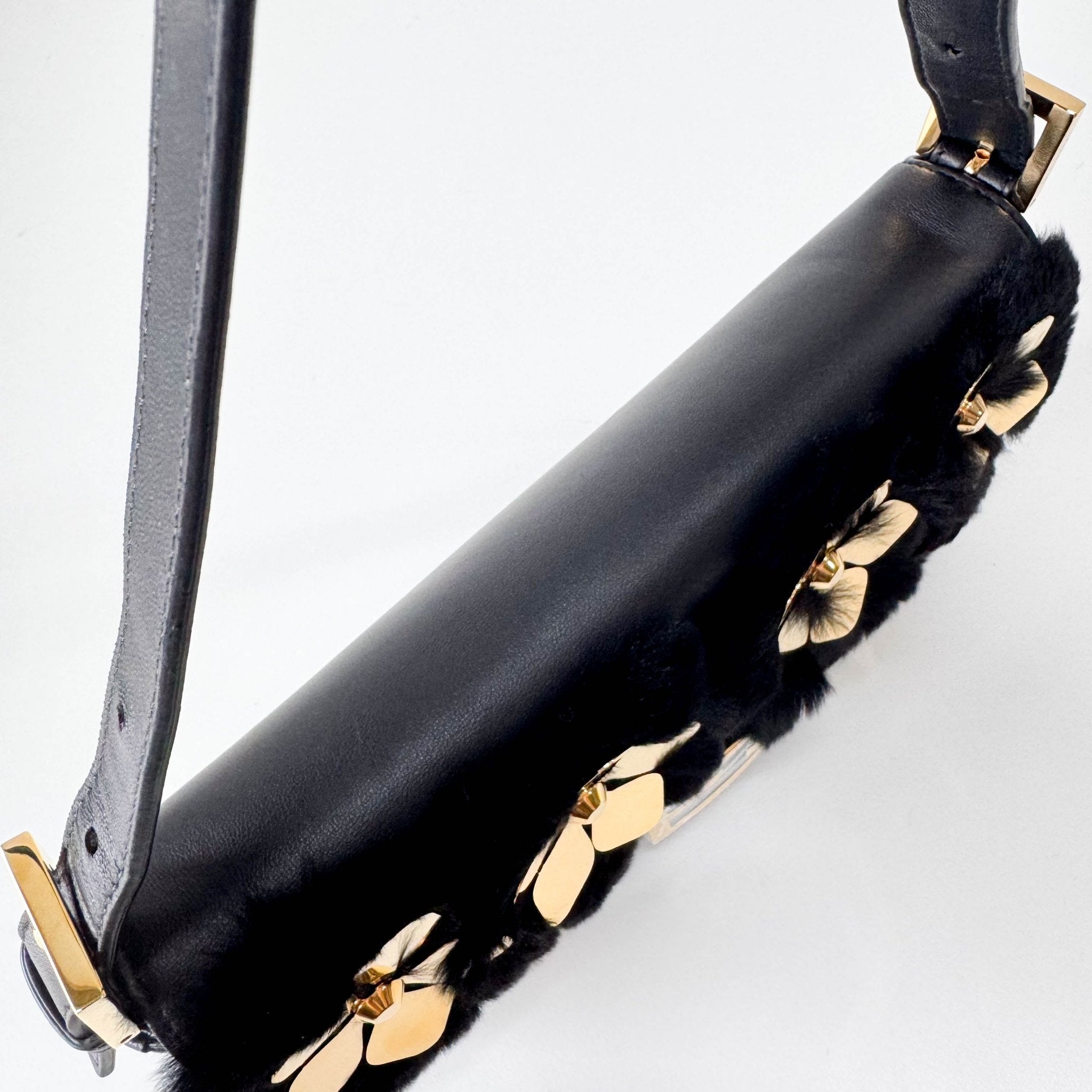 FENDI Black Leather Fur Baguette Bag Adorned With Metal Flower Details, in , Sold by HIVE PRELOVED - Shoulder Bags, ,