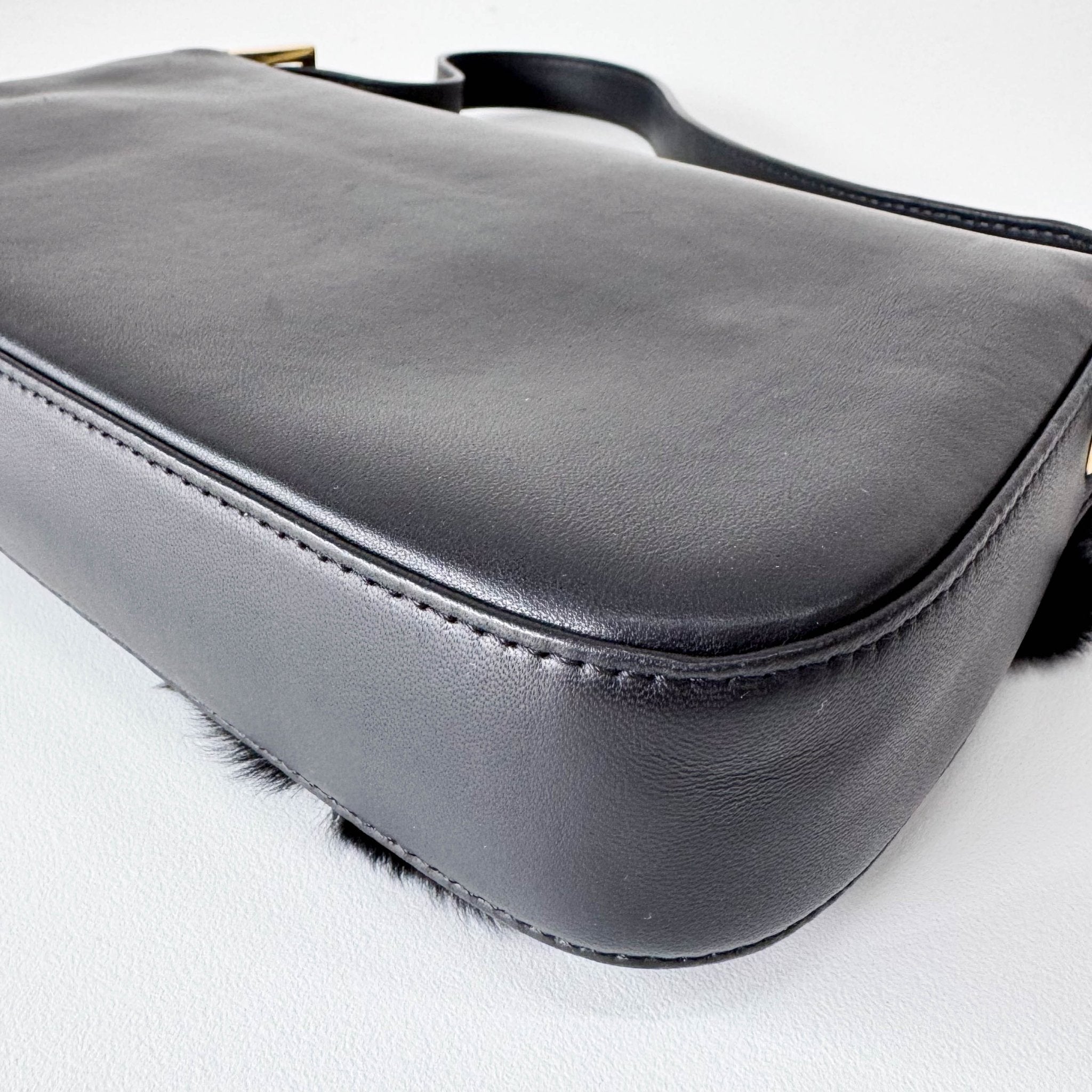 FENDI Black Leather Fur Baguette Bag Adorned With Metal Flower Details, in , Sold by HIVE PRELOVED - Shoulder Bags, ,