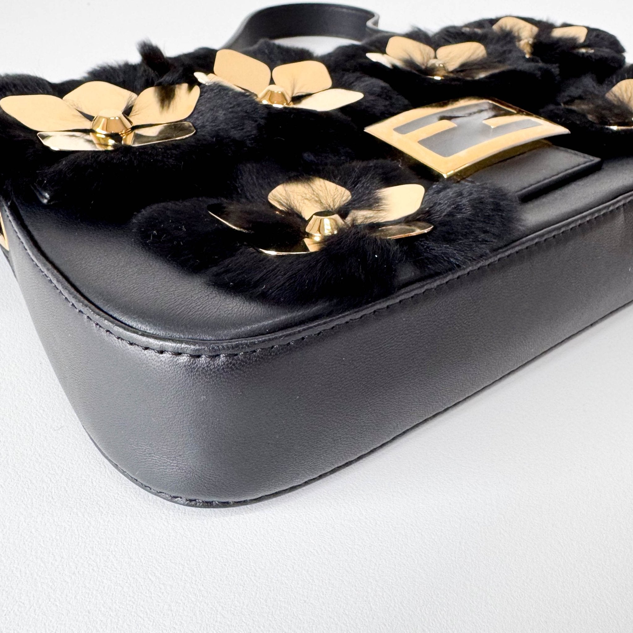 FENDI Black Leather Fur Baguette Bag Adorned With Metal Flower Details, in , Sold by HIVE PRELOVED - Shoulder Bags, ,