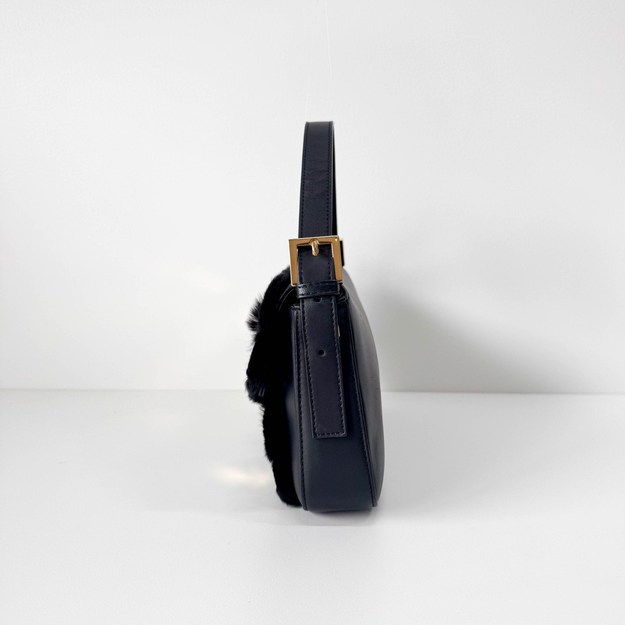 FENDI Black Leather Fur Baguette Bag Adorned With Metal Flower Details, in , Sold by HIVE PRELOVED - Shoulder Bags, ,