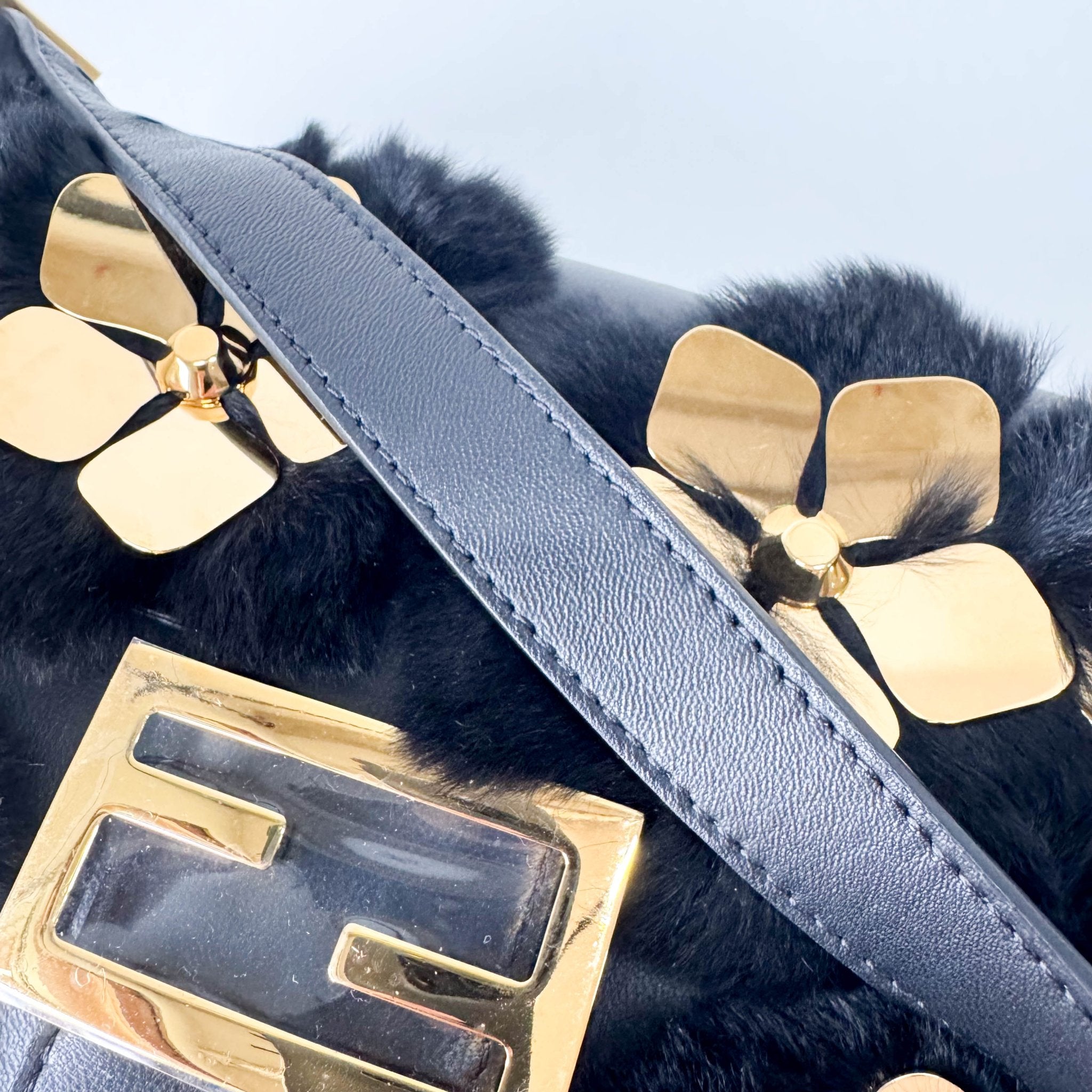 FENDI Black Leather Fur Baguette Bag Adorned With Metal Flower Details, in , Sold by HIVE PRELOVED - Shoulder Bags, ,
