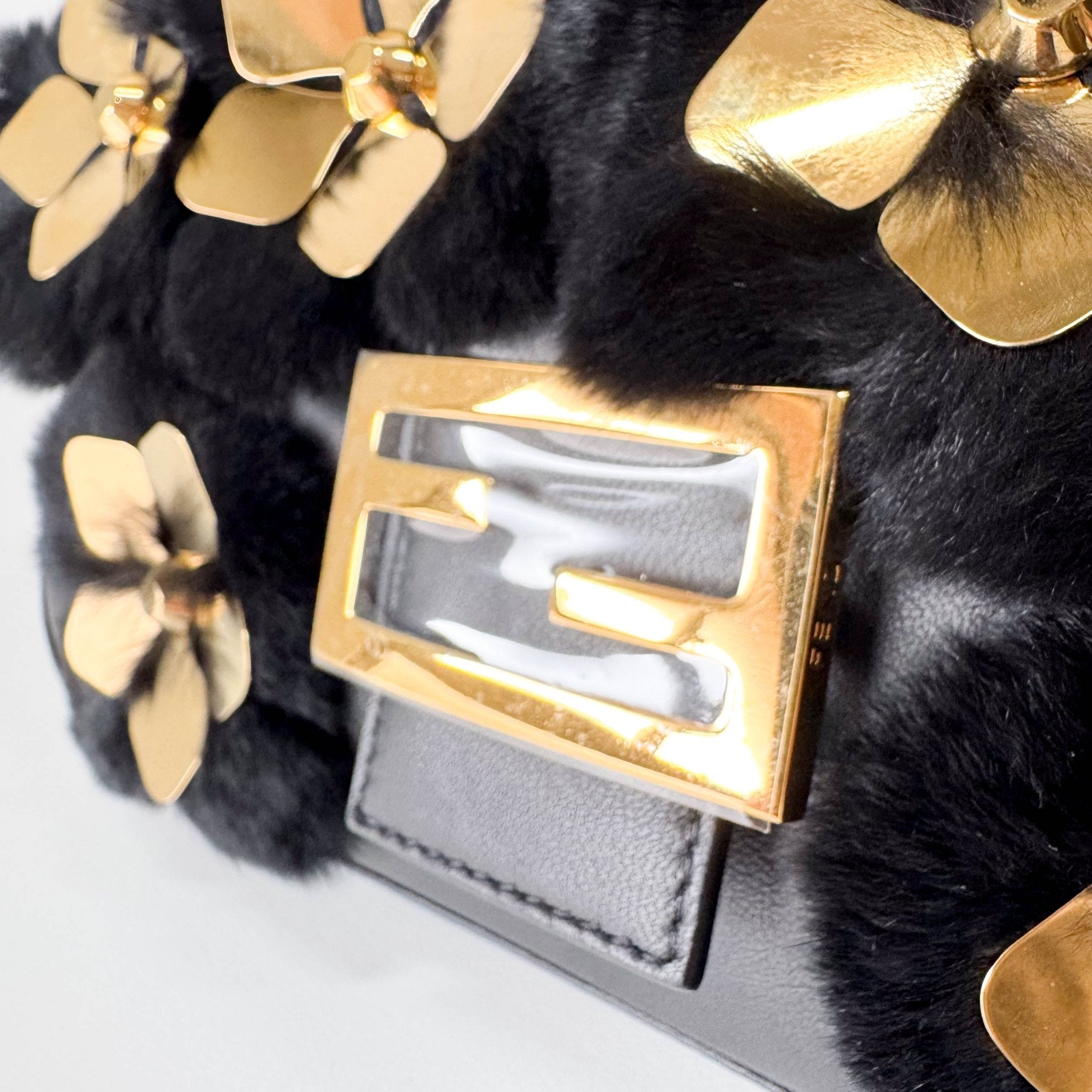 FENDI Black Leather Fur Baguette Bag Adorned With Metal Flower Details, in , Sold by HIVE PRELOVED - Shoulder Bags, ,
