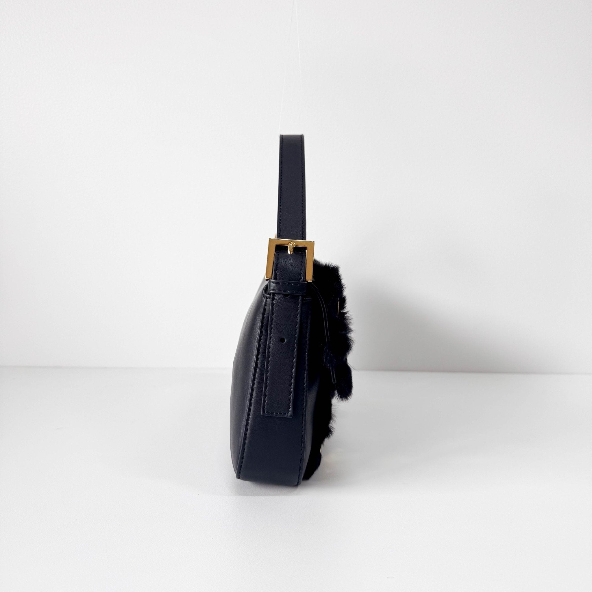 FENDI Black Leather Fur Baguette Bag Adorned With Metal Flower Details, in , Sold by HIVE PRELOVED - Shoulder Bags, ,