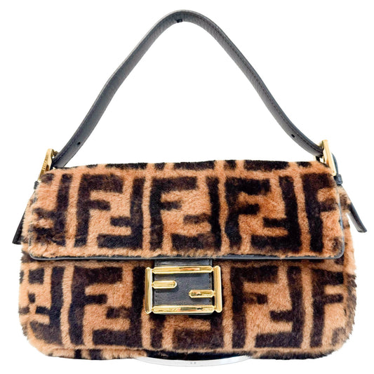 FENDI Brown Zucca Shearling Fur Baguette Satchel Shoulder Bag, in , Sold by HIVE PRELOVED - Crossbody bags, Shoulder Bags,