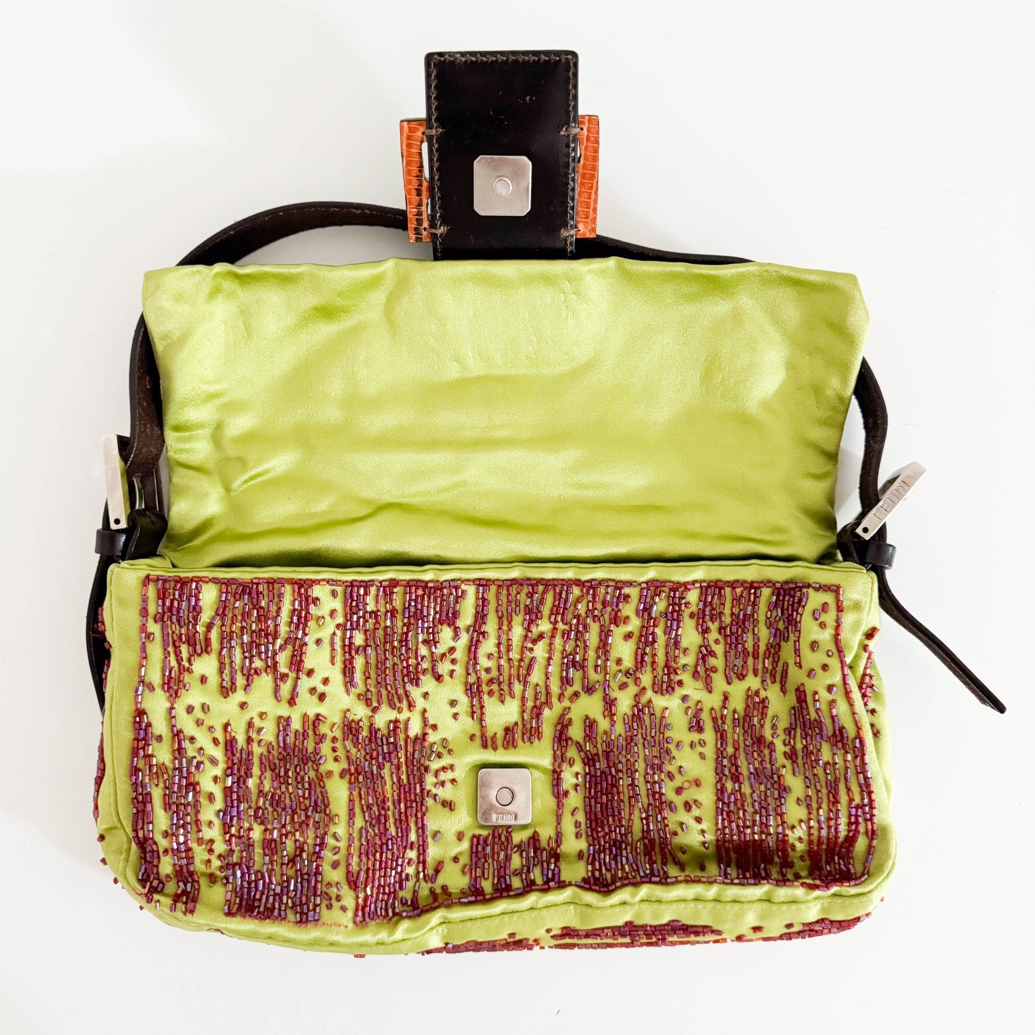 FENDI Fendi Limited Edition Orange Python Leather & Green Silk with Red Beaded Baguette, in Sold by HIVE PRELOVED