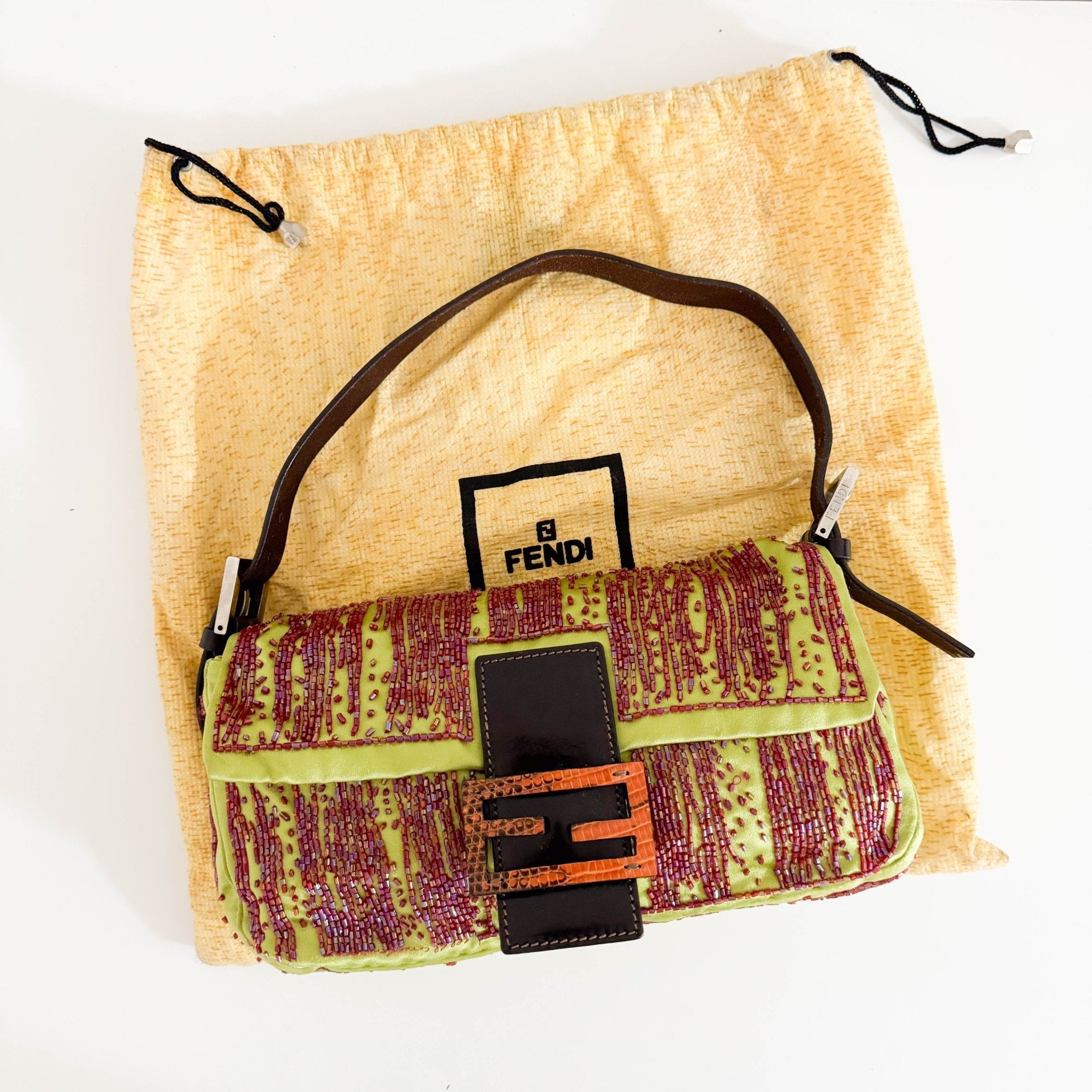 FENDI Fendi Limited Edition Orange Python Leather & Green Silk with Red Beaded Baguette, in Sold by HIVE PRELOVED