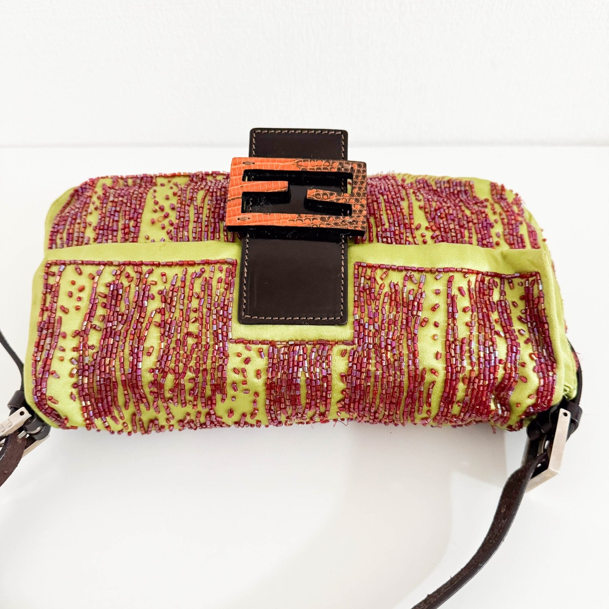 FENDI Fendi Limited Edition Orange Python Leather & Green Silk with Red Beaded Baguette, in Sold by HIVE PRELOVED