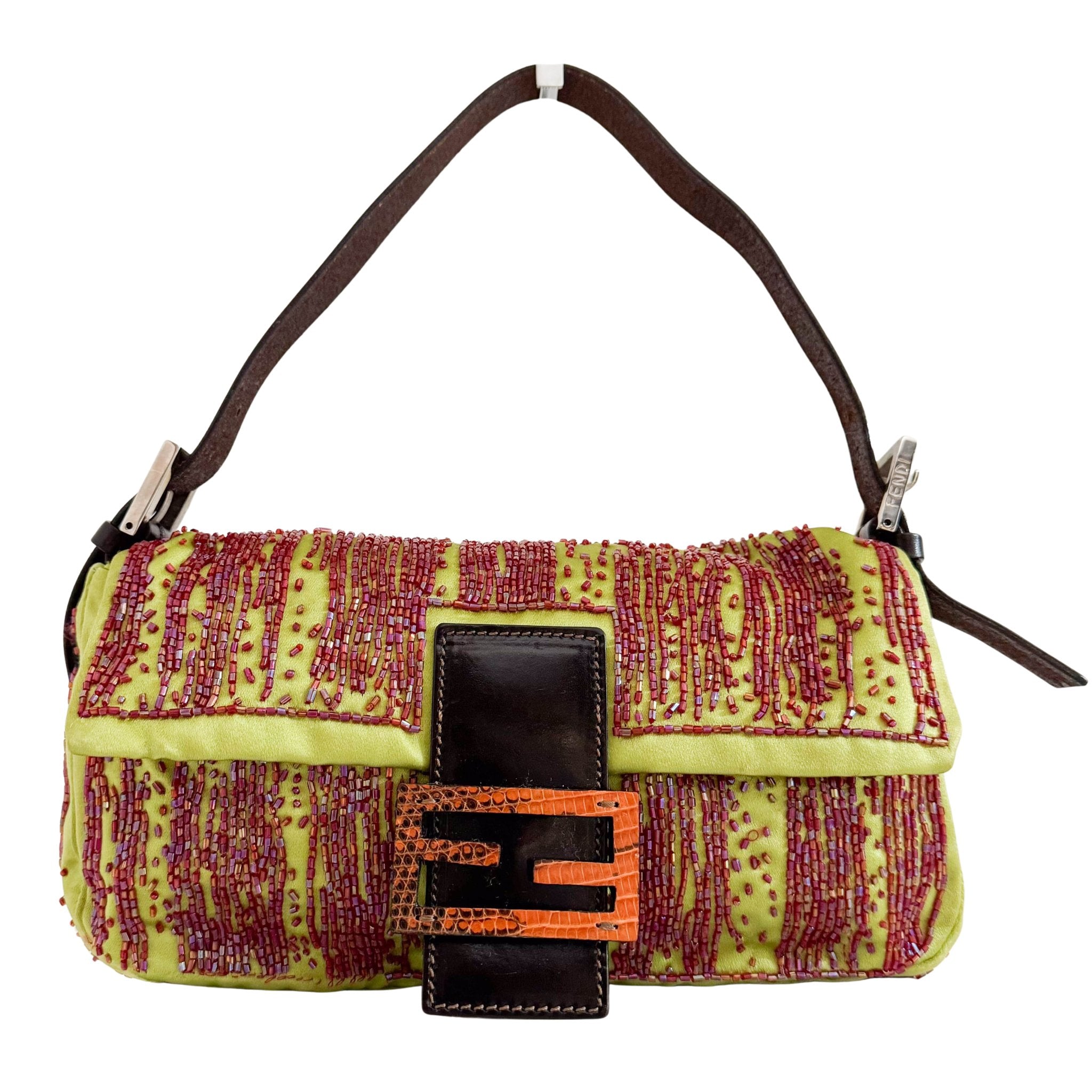 FENDI Fendi Limited Edition Orange Python Leather & Green Silk with Red Beaded Baguette, in Sold by HIVE PRELOVED