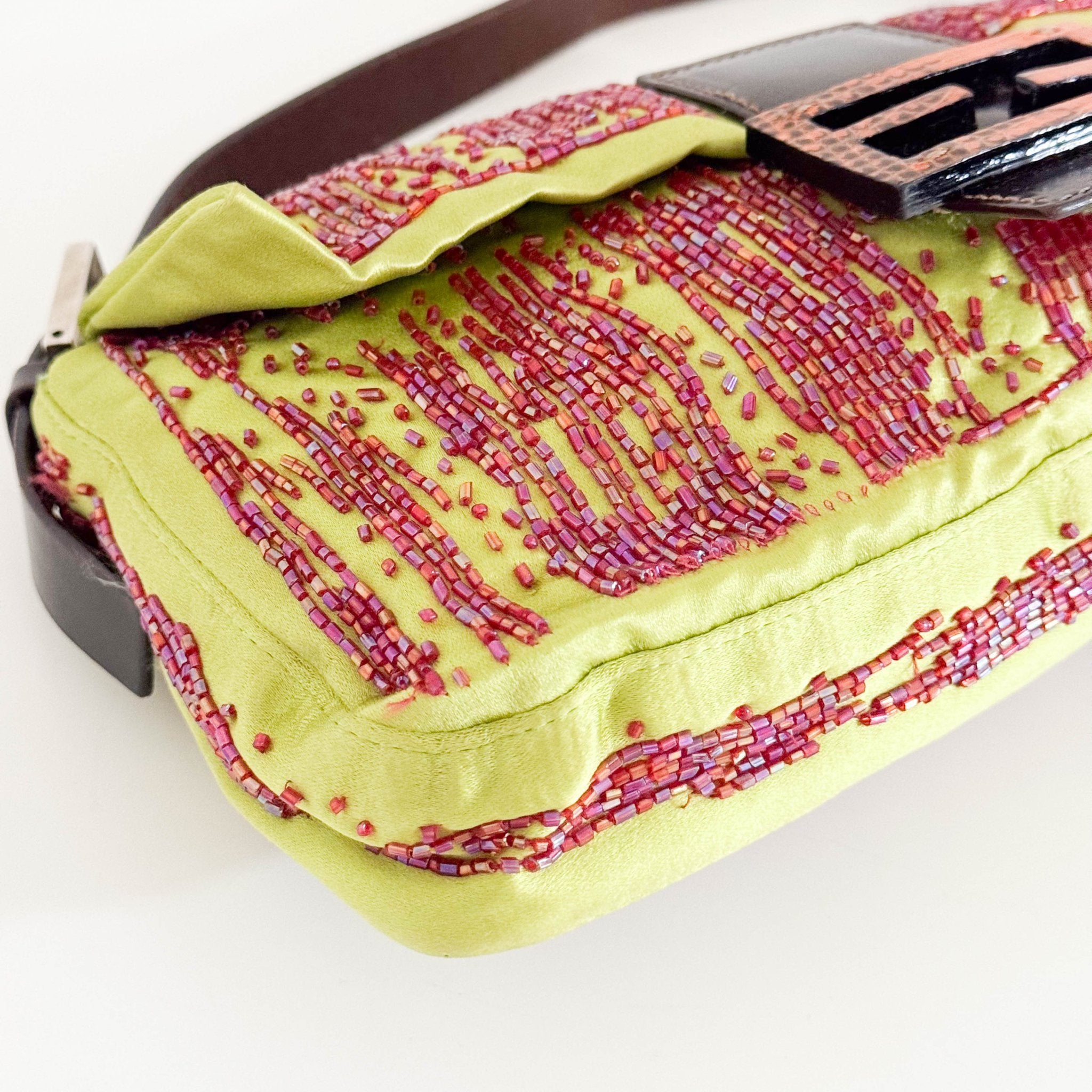 FENDI Fendi Limited Edition Orange Python Leather & Green Silk with Red Beaded Baguette, in Sold by HIVE PRELOVED