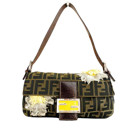 FENDI Flower Design Embroidered Zucca Baguette, Cloth in Brown, Sold by HIVE PRELOVED - Shoulder Bags, ,
