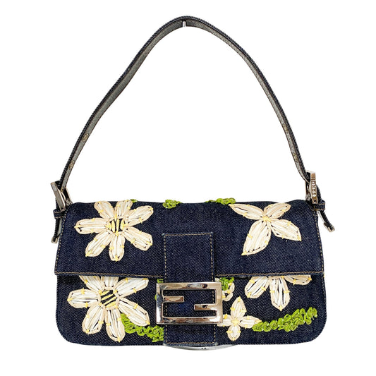 FENDI Limited Edition Blue Denim Floral Embroidered Baguette, in , Sold by HIVE PRELOVED - Shoulder Bags, ,