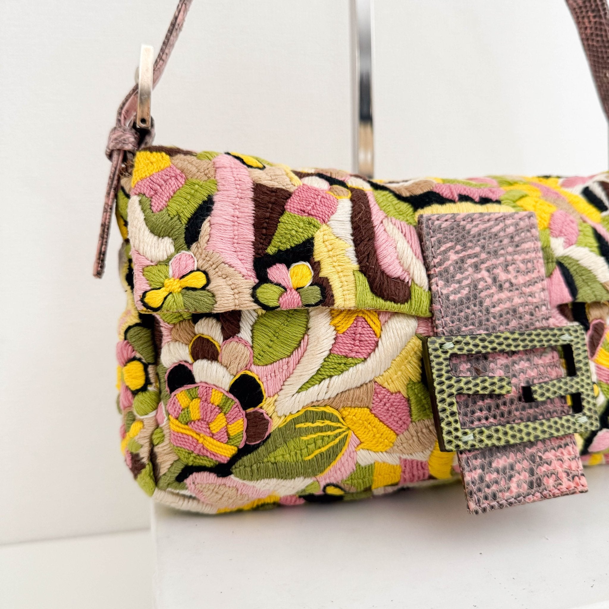 FENDI Limited Edition Pink and Green Multicolor Embroidered Baguette, in , Sold by HIVE PRELOVED - Shoulder Bags, ,