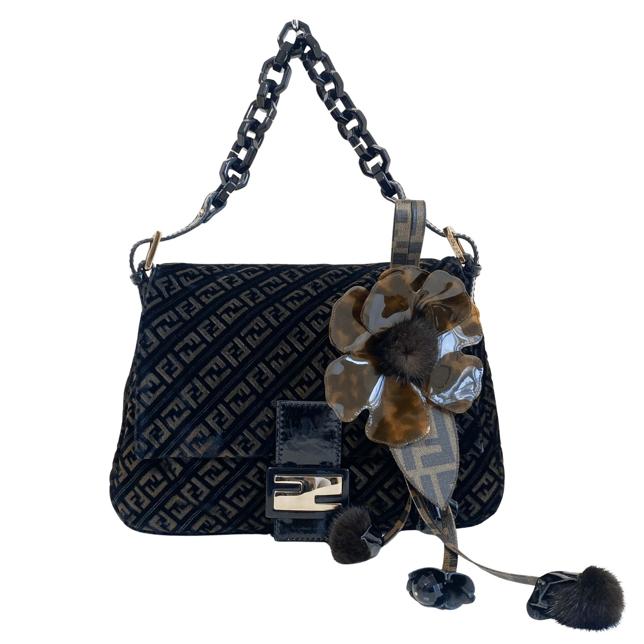 FENDI Mamma Baguette Black Velvet Shoulder Bag with Floral Corsage, in , Sold by HIVE PRELOVED - Shoulder Bags, ,