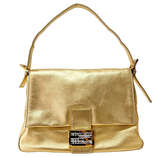 FENDI Mamma Baguette Gold Leather with Rhinestone Buckle Shoulder Bag, in , Sold by HIVE PRELOVED - Shoulder Bags, ,