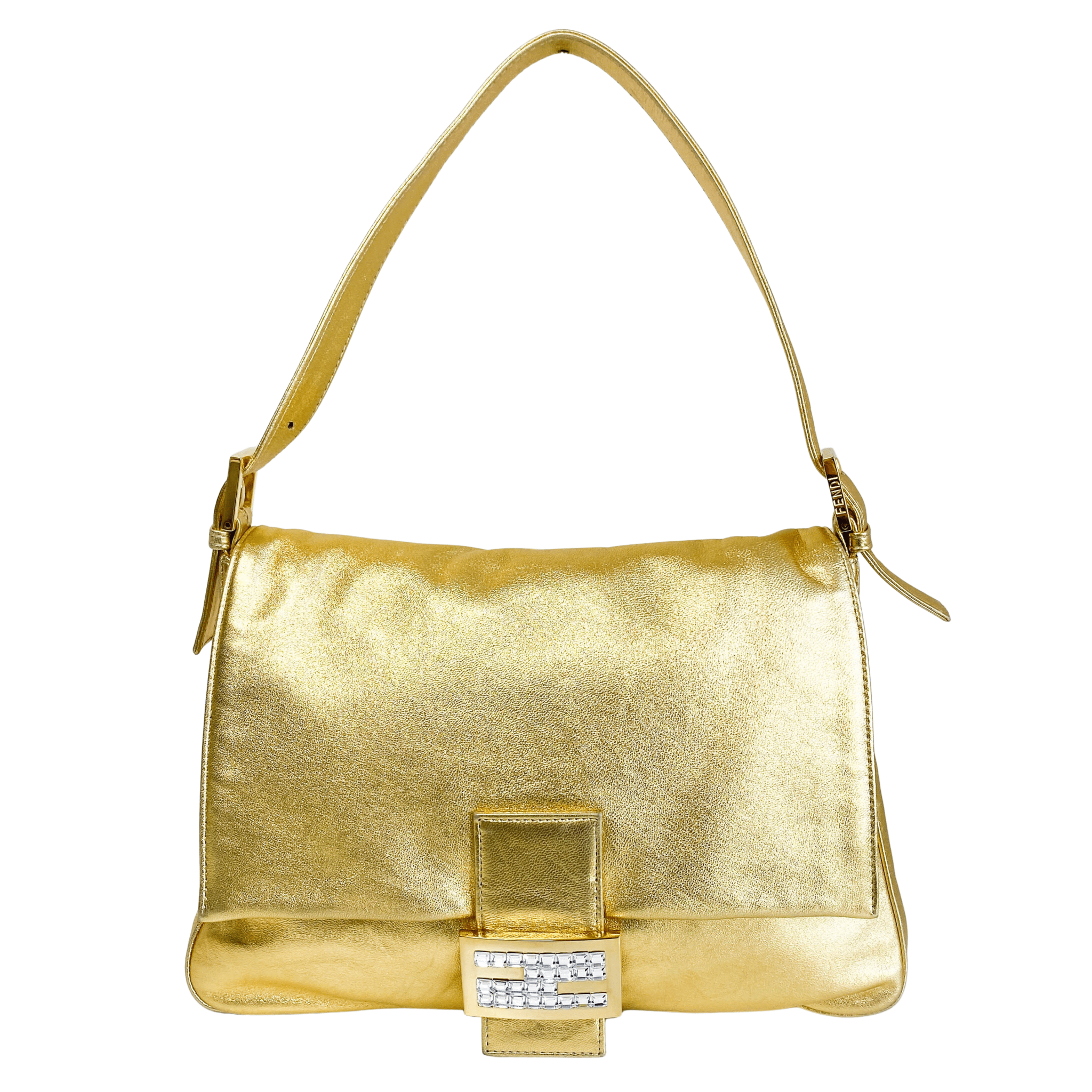 FENDI Mamma Baguette Gold Metallic Leather / Rhinestone Hardware Shoulder Bag, in , Sold by HIVE PRELOVED - Shoulder Bags, ,