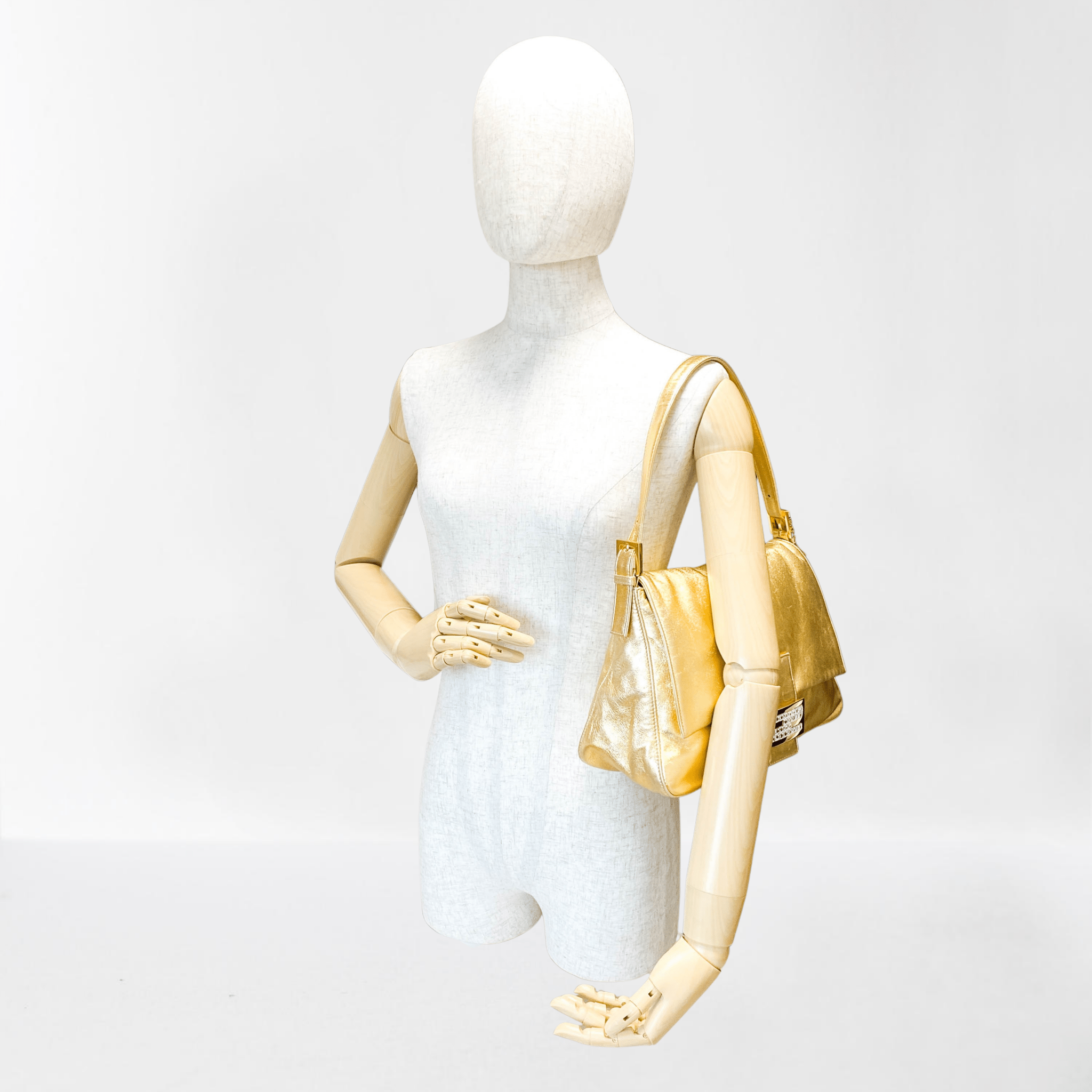 FENDI Mamma Baguette Gold Metallic Leather / Rhinestone Hardware Shoulder Bag, in , Sold by HIVE PRELOVED - Shoulder Bags, ,