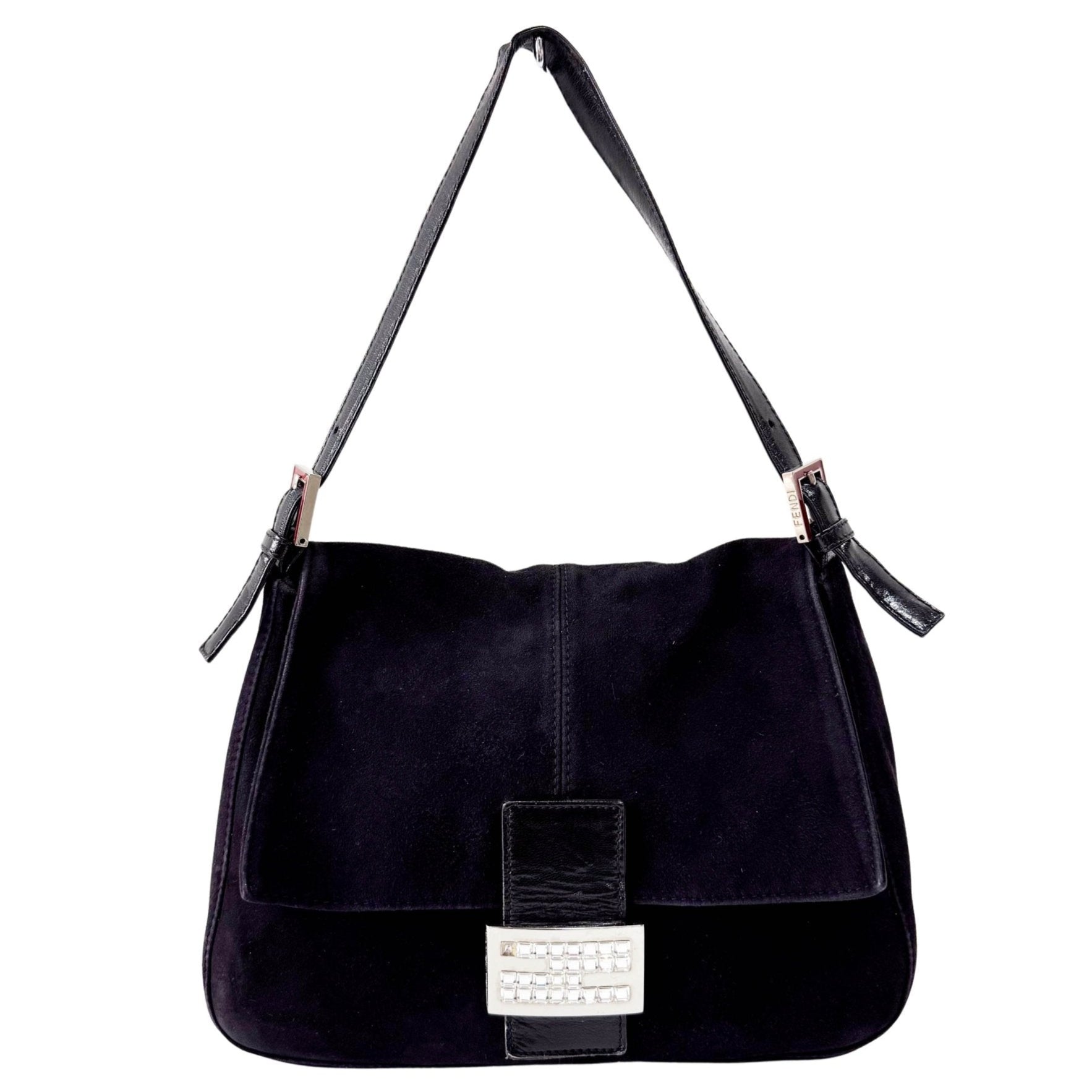 FENDI Mamma Baguette in Black Suede with Rhinestone Crystals Buckle Detail, in , Sold by HIVE PRELOVED - Shoulder Bags, ,