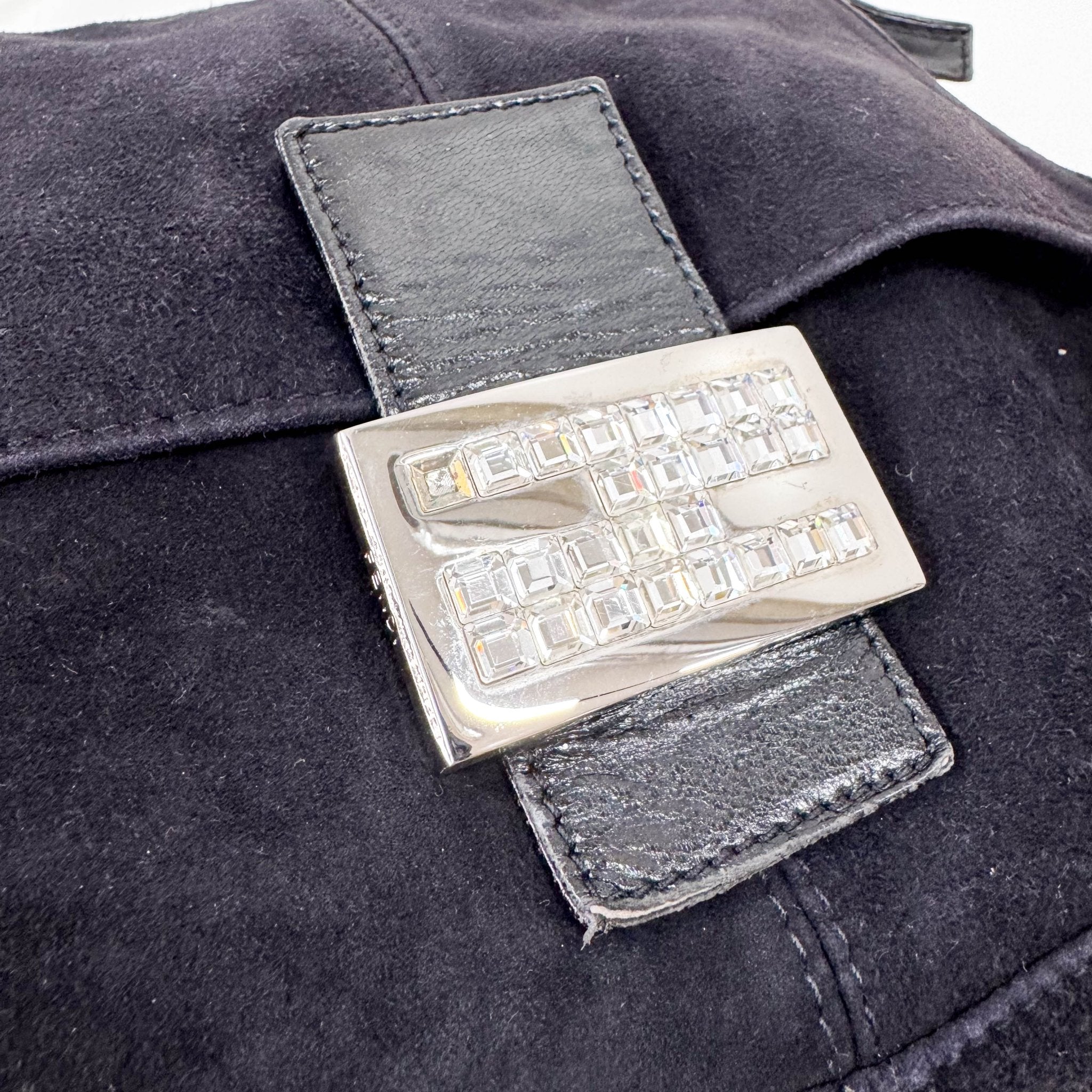 FENDI Mamma Baguette in Black Suede with Rhinestone Crystals Buckle Detail, in , Sold by HIVE PRELOVED - Shoulder Bags, ,