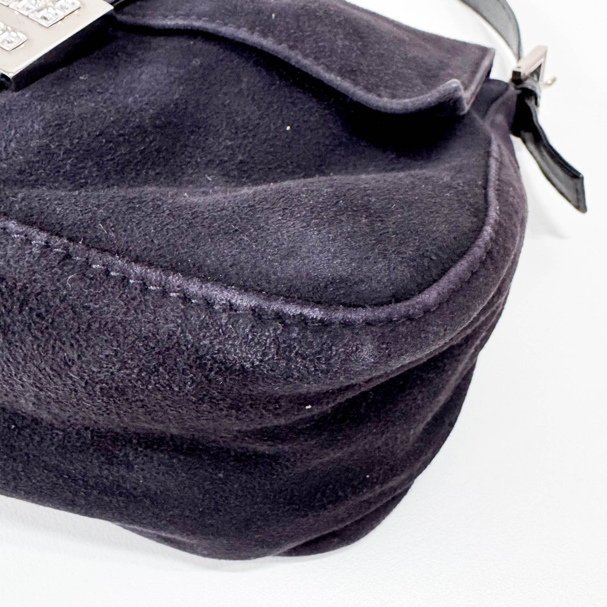 FENDI Mamma Baguette in Black Suede with Rhinestone Crystals Buckle Detail, in , Sold by HIVE PRELOVED - Shoulder Bags, ,