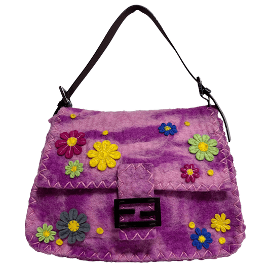 FENDI Mamma Baguette Wool Purple / Pink Floral Felt Applique Shouder Bag, in , Sold by HIVE PRELOVED - Shoulder Bags, ,