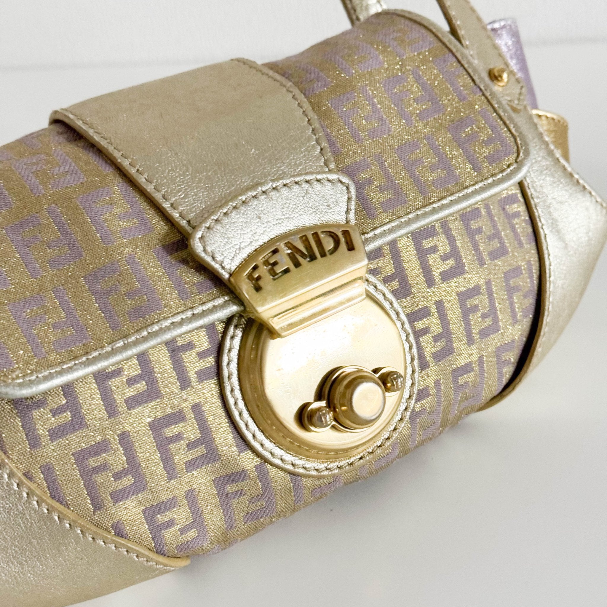 FENDI Metallic Gold Zucchino Canvas and Leather Shoulder Bag, in , Sold by HIVE PRELOVED - Shoulder Bags, ,