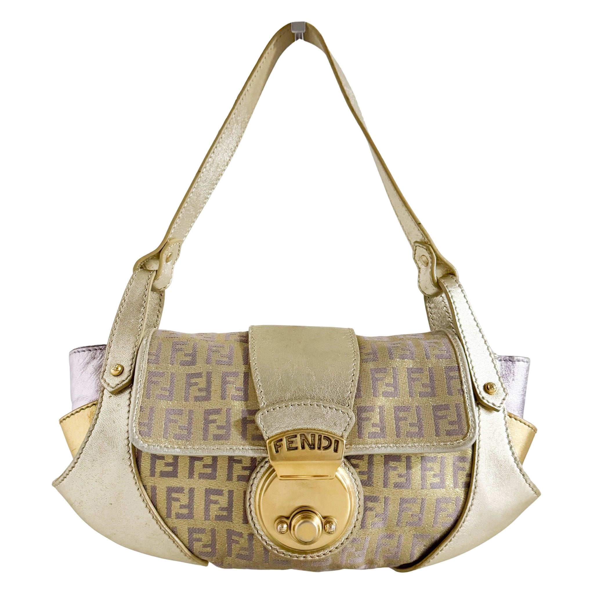 FENDI Metallic Gold Zucchino Canvas and Leather Shoulder Bag, in , Sold by HIVE PRELOVED - Shoulder Bags, ,