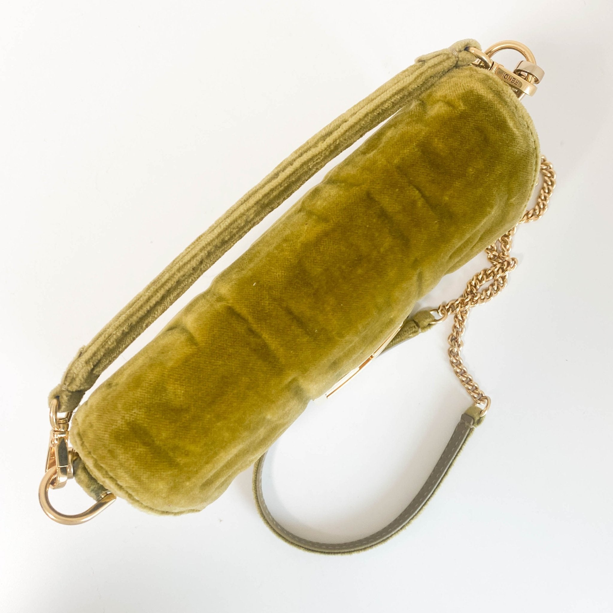 FENDI Mini Baguette Khaki Velvet Chain Shoulder Bag, in , Sold by HIVE PRELOVED - Crossbody bags, Handle Bags,