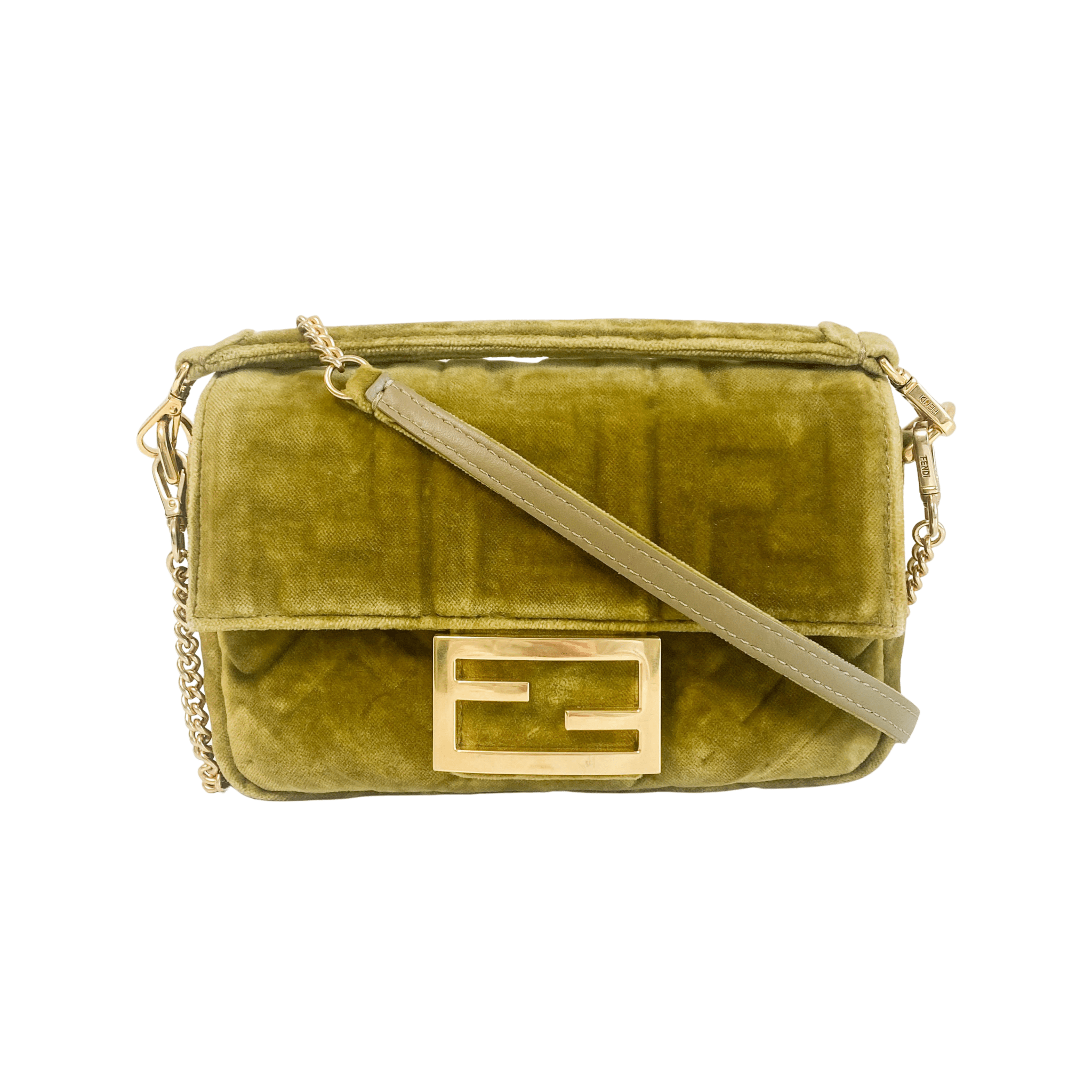 FENDI Mini Baguette Khaki Velvet Chain Shoulder Bag, in , Sold by HIVE PRELOVED - Crossbody bags, Handle Bags,