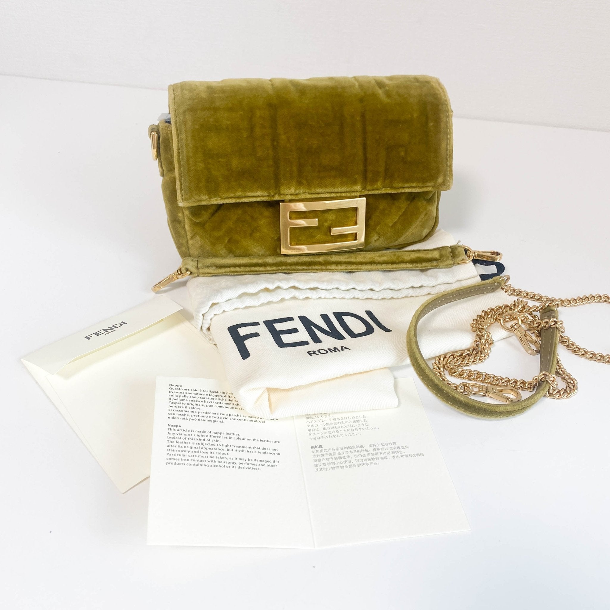 FENDI Mini Baguette Khaki Velvet Chain Shoulder Bag, in , Sold by HIVE PRELOVED - Crossbody bags, Handle Bags,