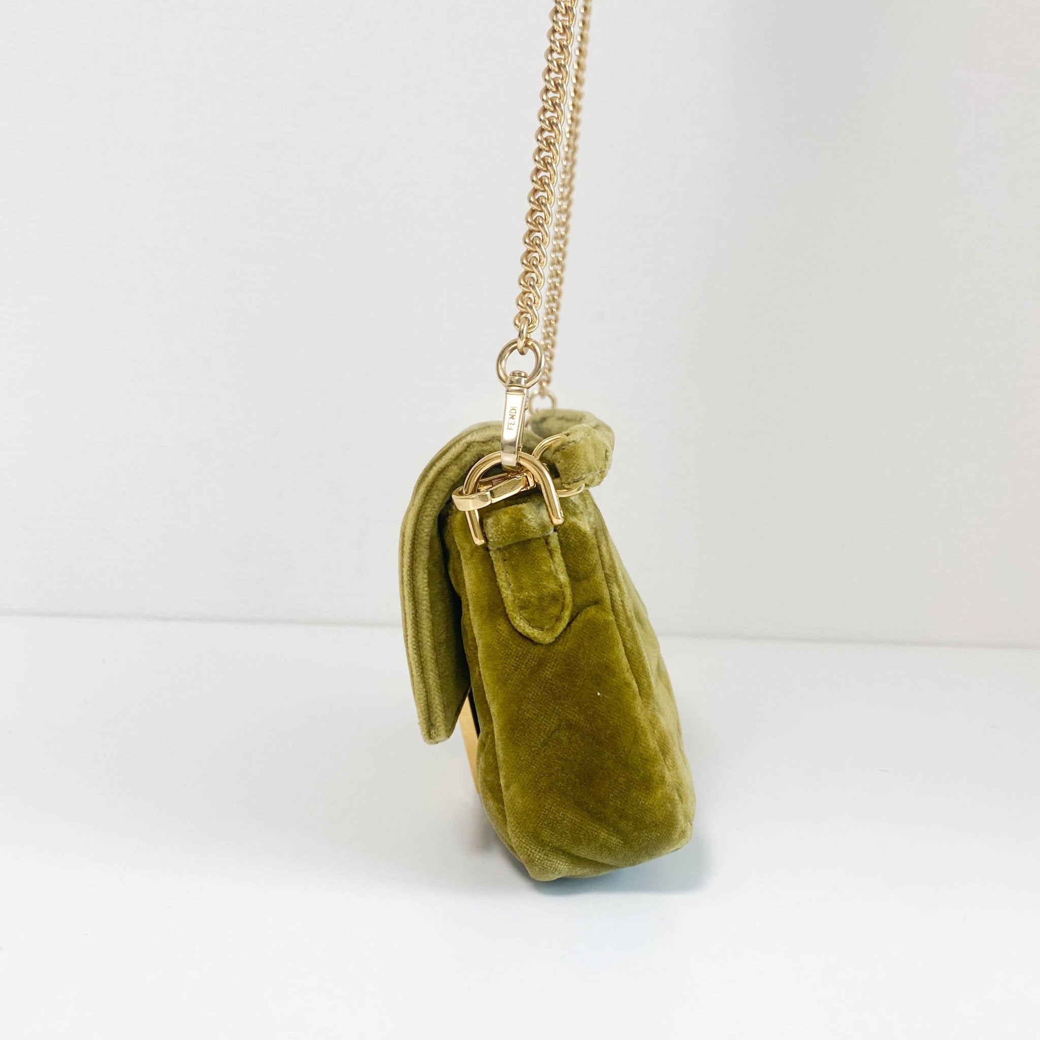 FENDI Mini Baguette Khaki Velvet Chain Shoulder Bag, in , Sold by HIVE PRELOVED - Crossbody bags, Handle Bags,