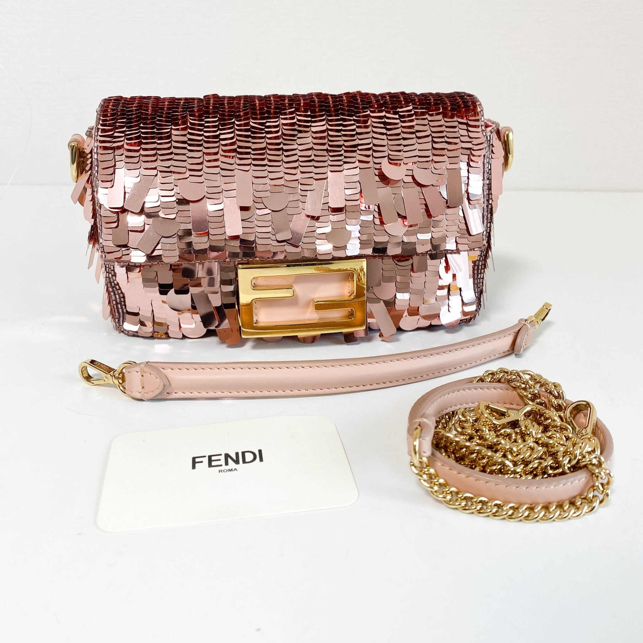 FENDI Mini Baguette Pink Sequin Chain Shoulder Bag, in , Sold by HIVE PRELOVED - Crossbody bags, Shoulder Bags,