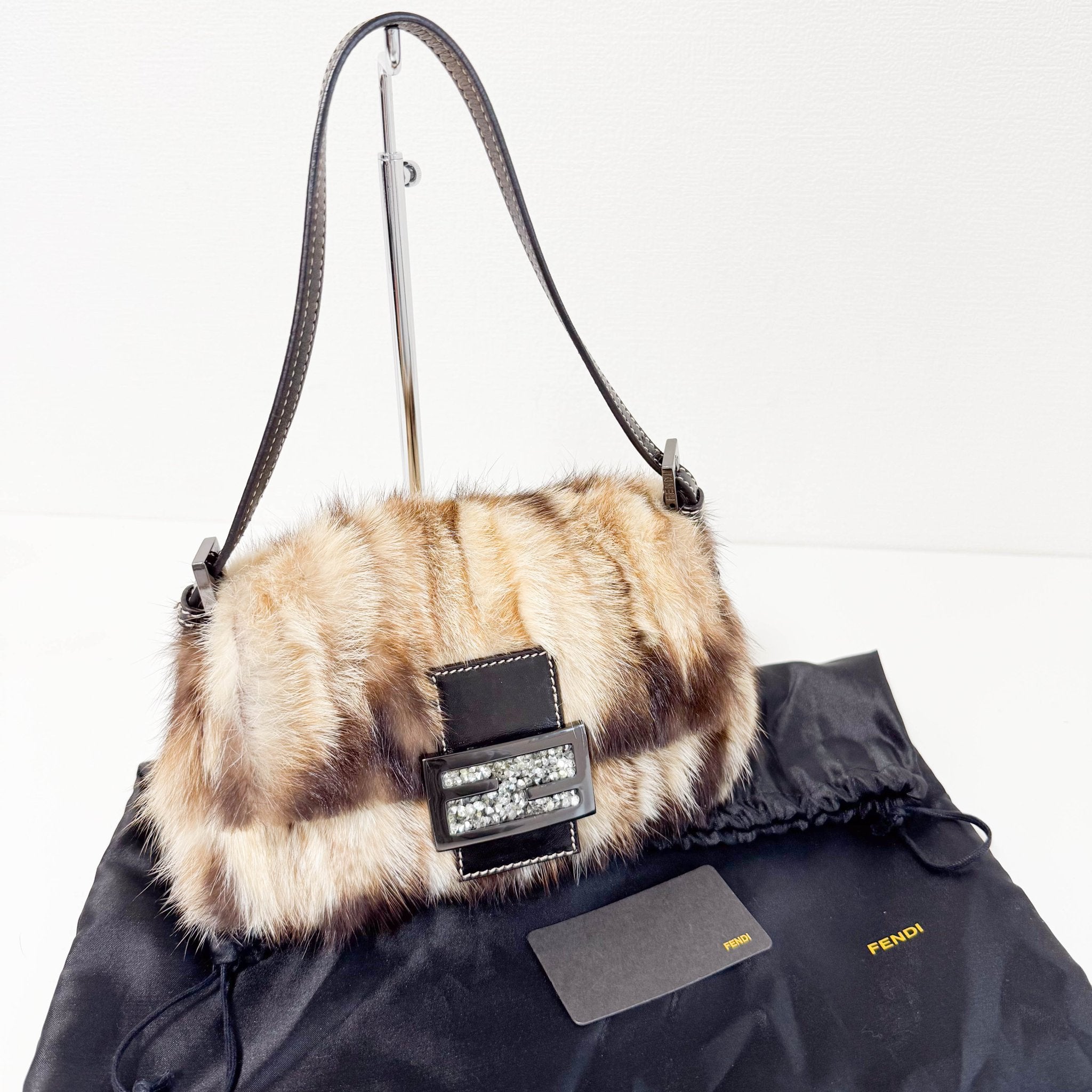 FENDI Mini Mamma Baguette Fur Shoulder Bag Rhinestone Hardware, in , Sold by HIVE PRELOVED - Handle Bags, ,