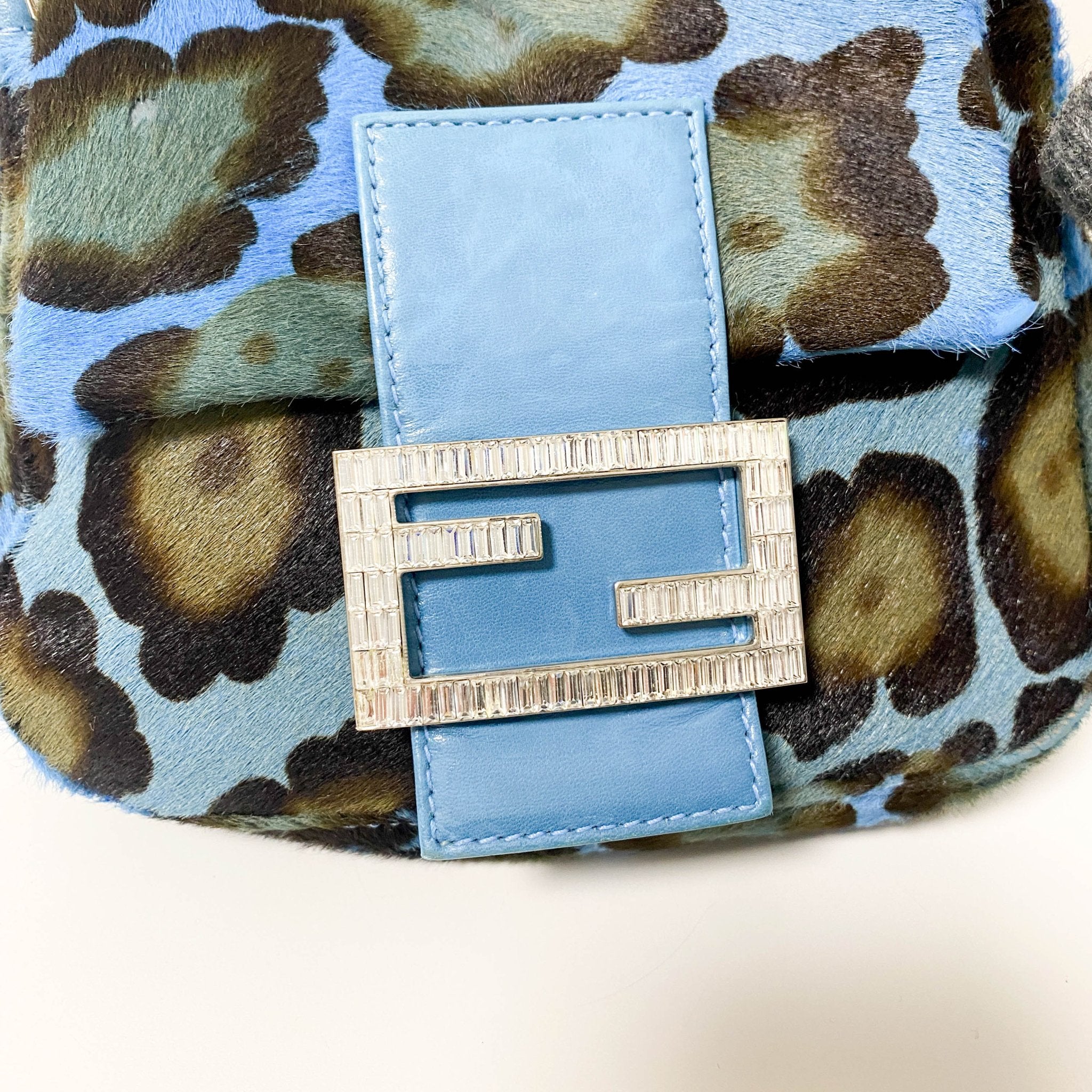 FENDI Mini Square Mamma Baguette Leopard Print Pony Hair Rhinestone Shoulder Bag Blue in Sold by HIVE PRELOVED - Shoulder Bag